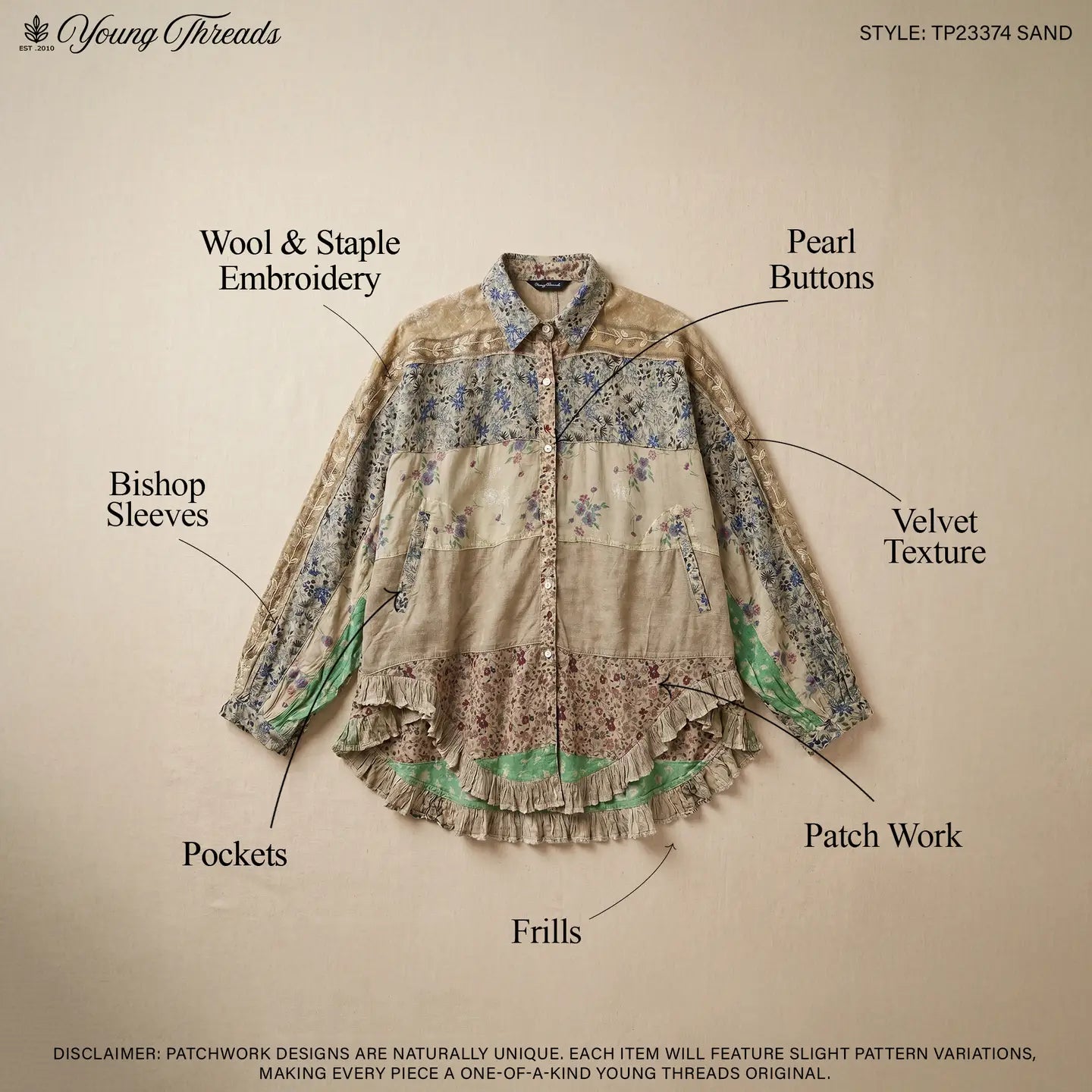 A beige patchwork blouse with blue floral embroidery, green ruffle accents, and pearl buttons, labeled with features like wool & staple embroidery, bishop sleeves, and patch work on a beige background.