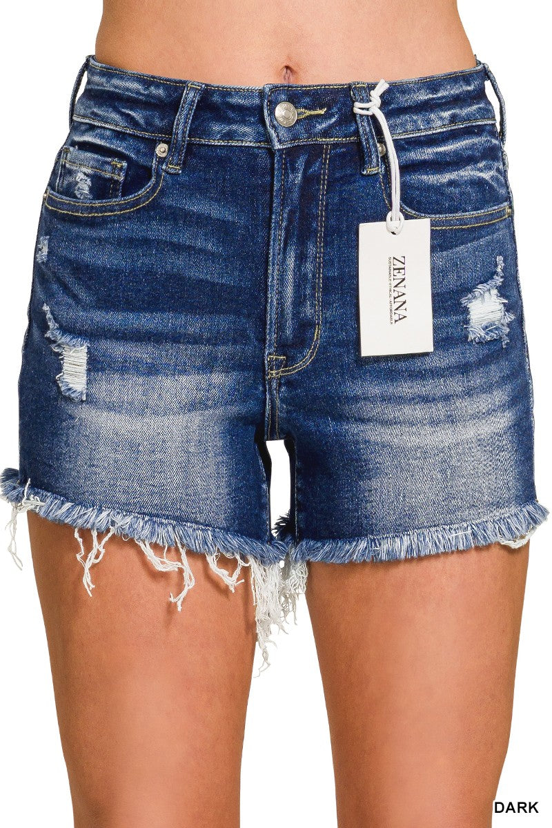 The Aurora Denim Shorts back view - distressed dark wash denim with frayed hem detail"