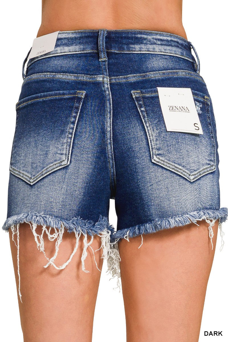 The Aurora Denim Shorts back view - distressed dark wash denim with frayed hem detail"