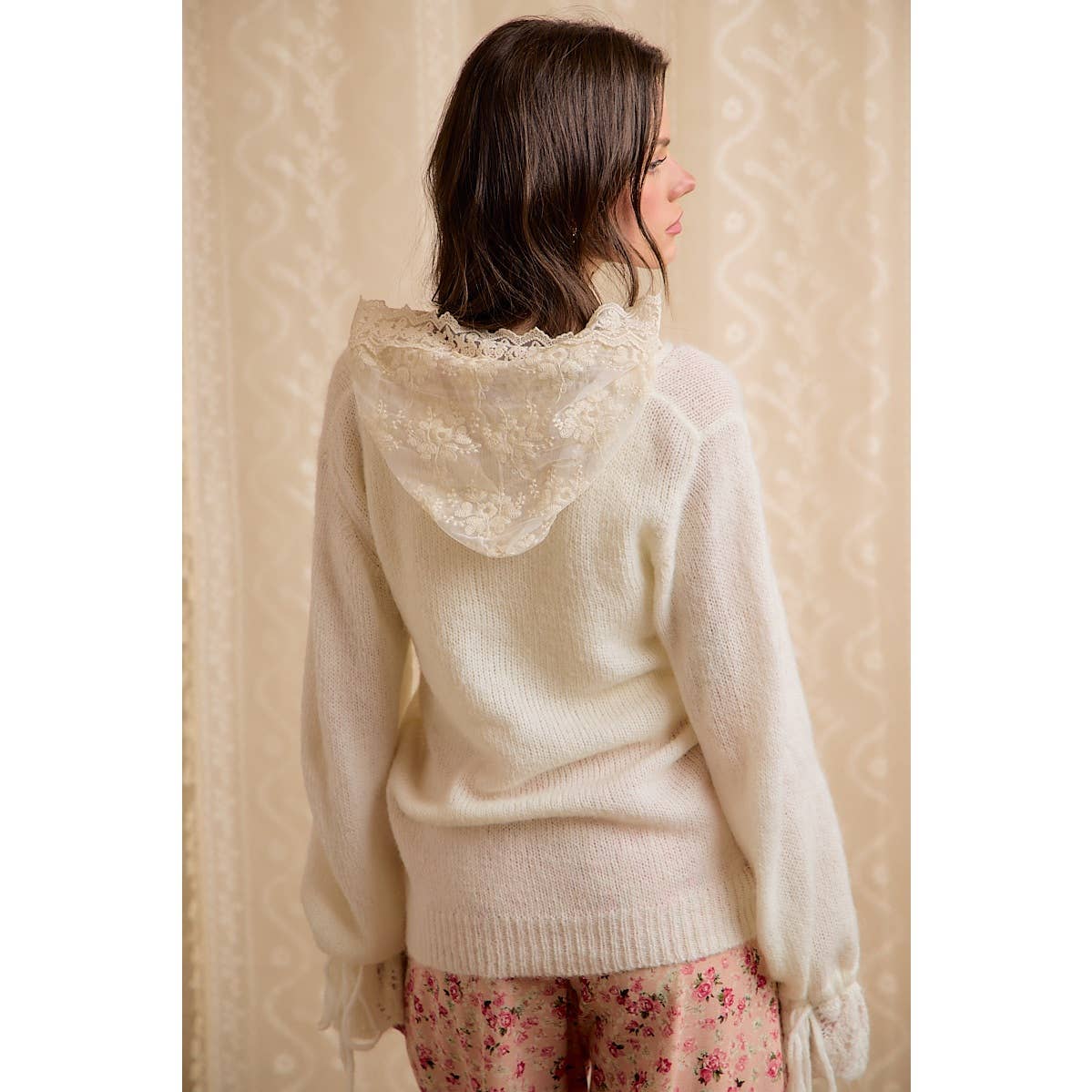 Ivory Lace Hoodie Fringe Sweater