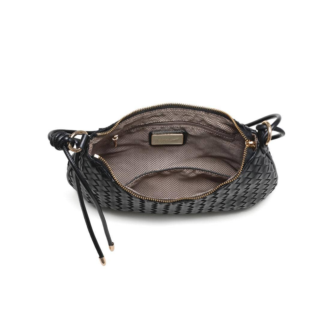 Black woven handbag with a visible brand logo on a white background showing the inside of the bag Cindy Woven Crescent Shoulder Bag in Black by Moda Luxe single photo close up on white background 