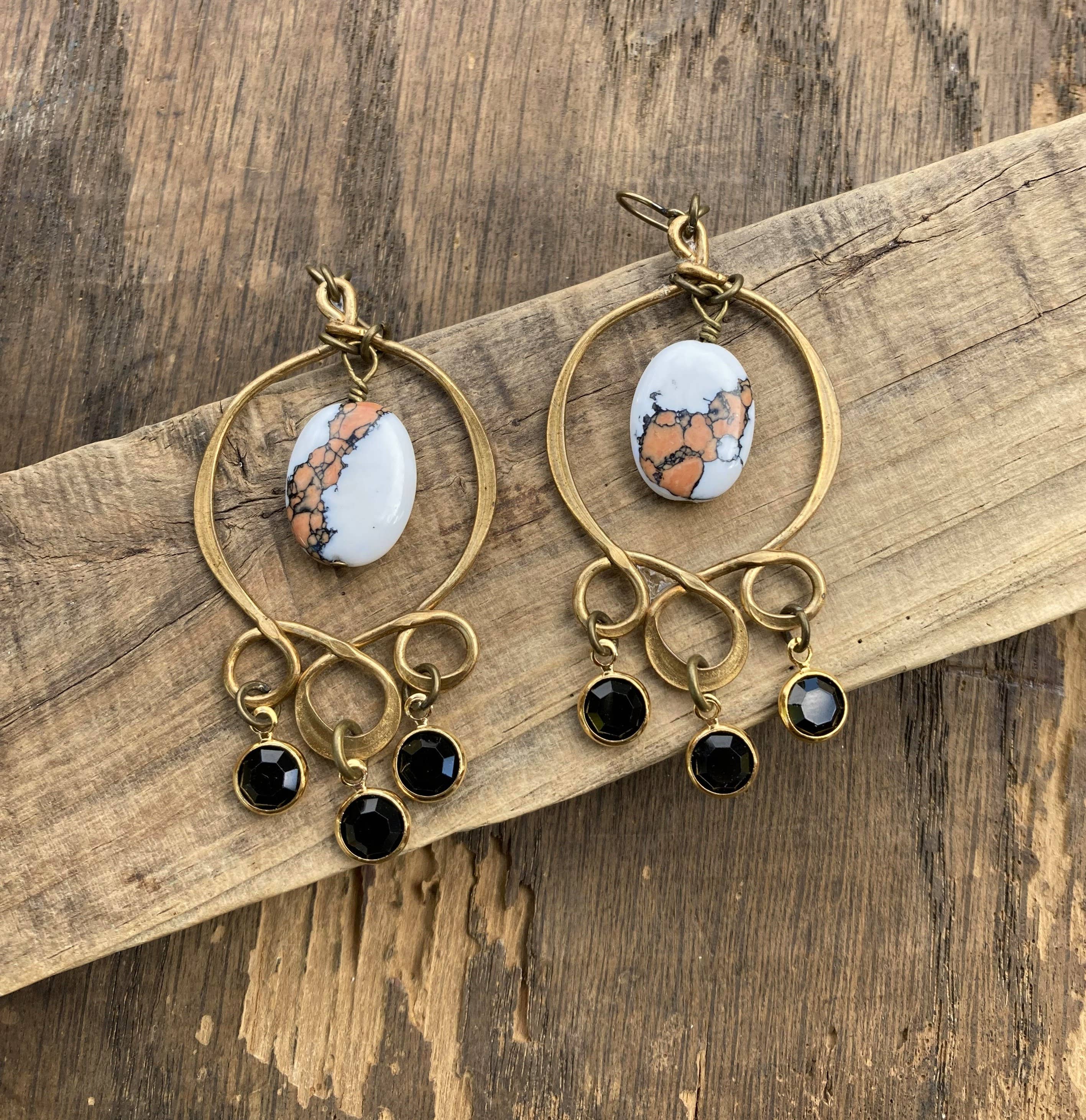 Black Orange & White Brass Boho Chandelier Earrings
