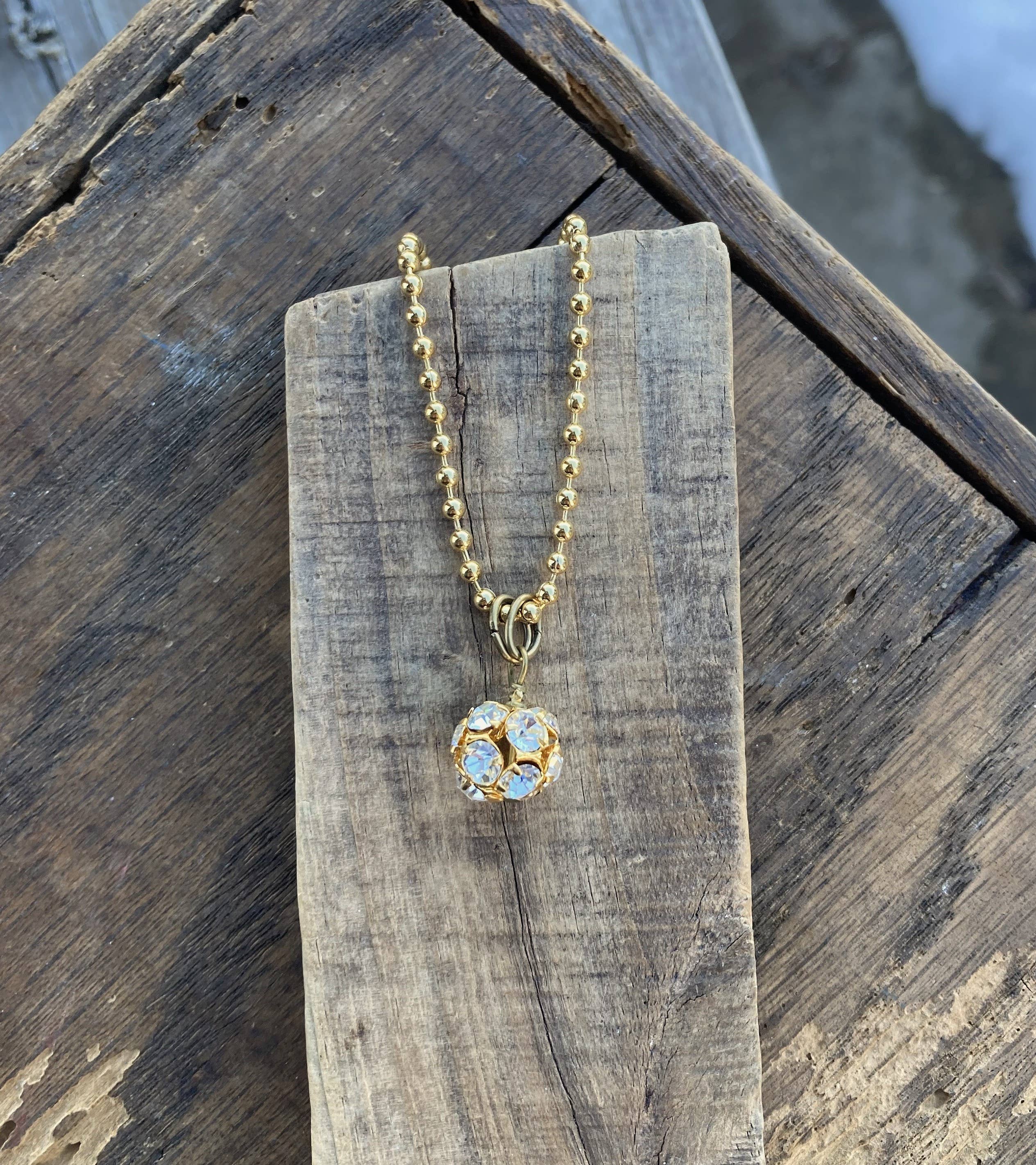 Clear Rhinestone & Gold Ball Charm Pendant Necklace