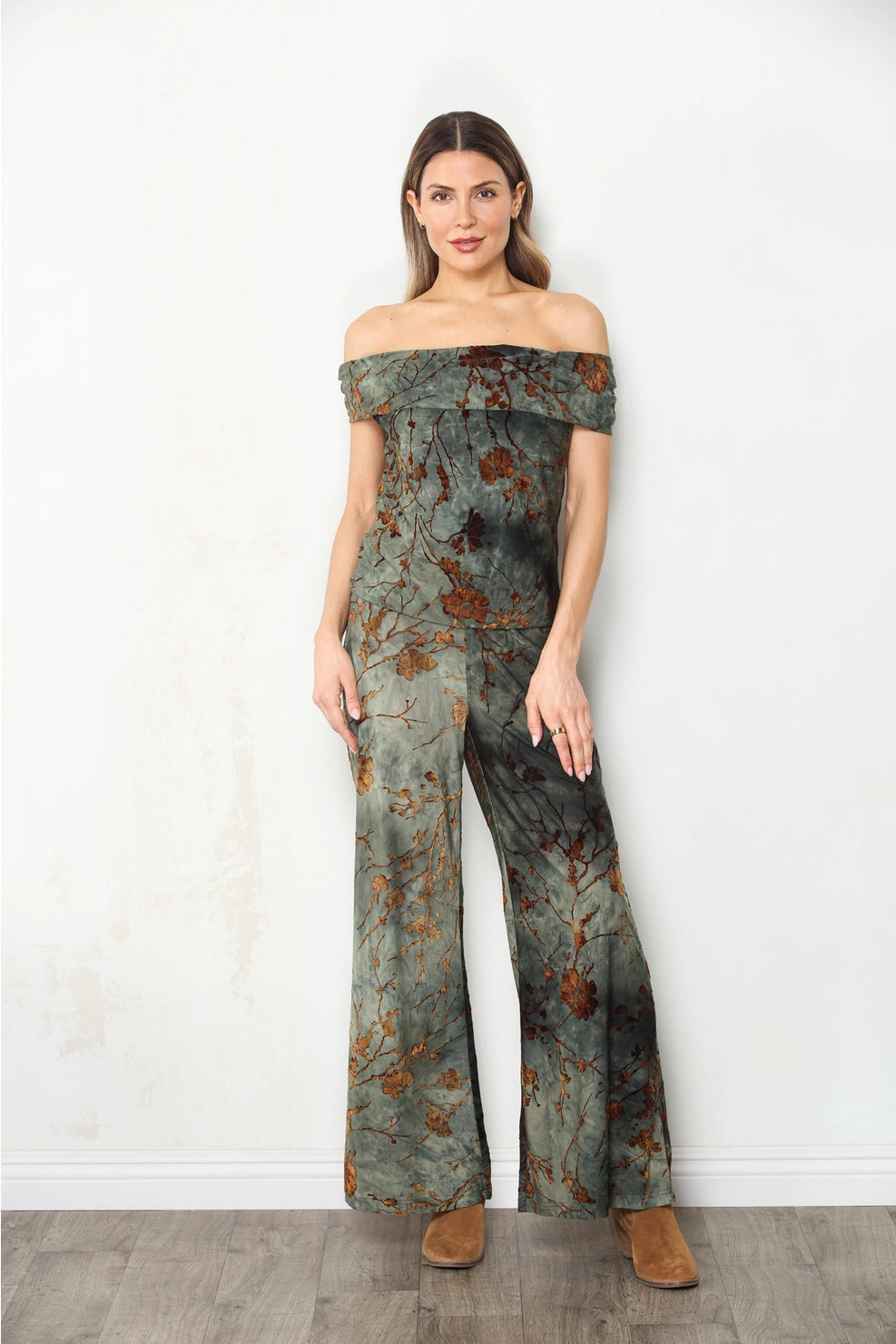 Flocked Wide Leg Green Palazzo Pant