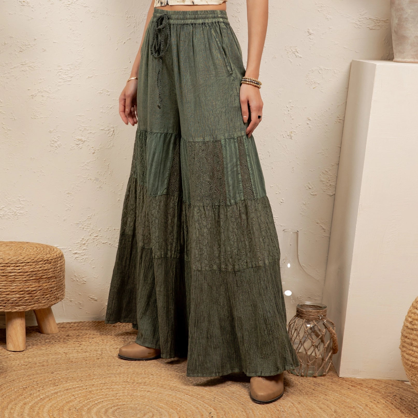 Basil Dream Tiered Palazzo Pants
