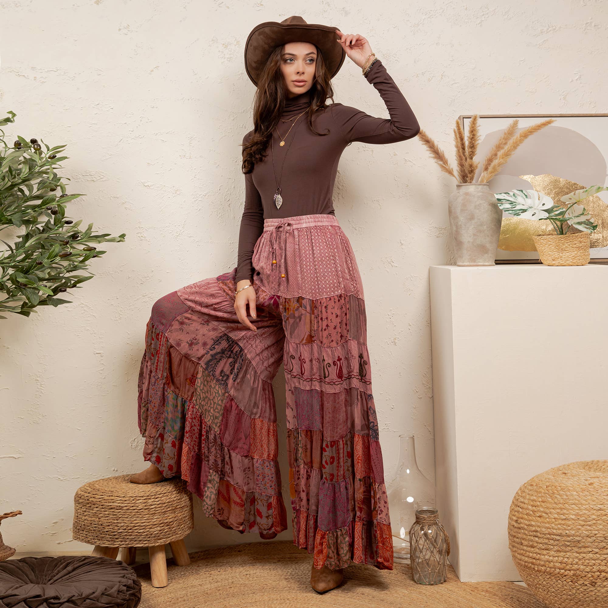 Mixed-Print Tiered Boho Pants – Garnet