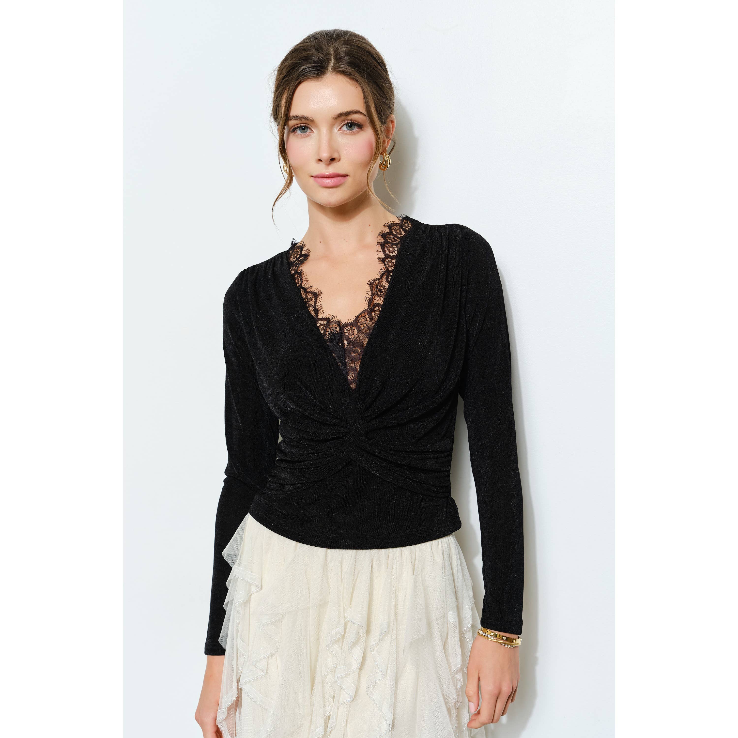 Velvet Twist-Front Long Sleeve Top