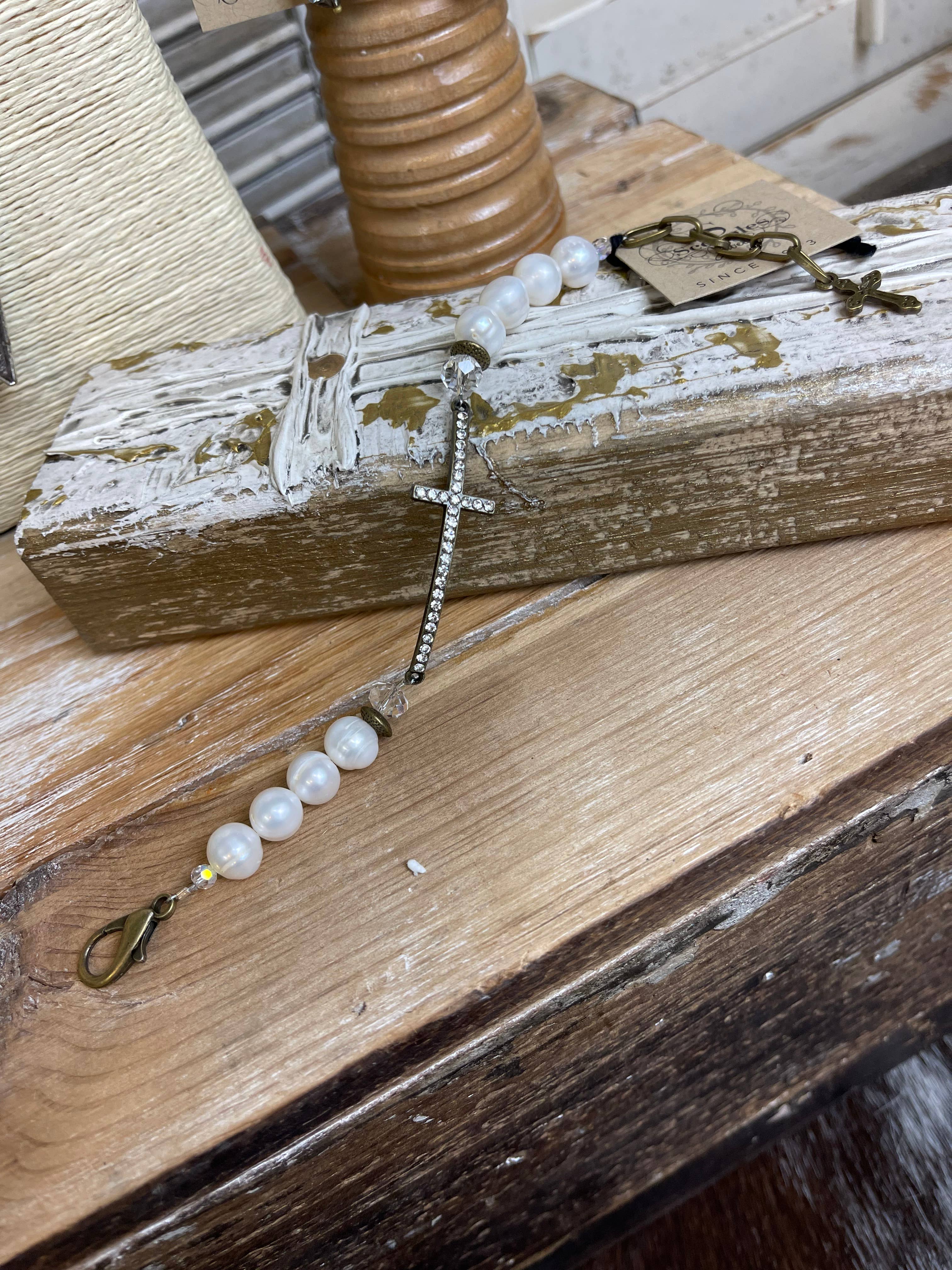 Pearl Crystal Cross Bracelet
