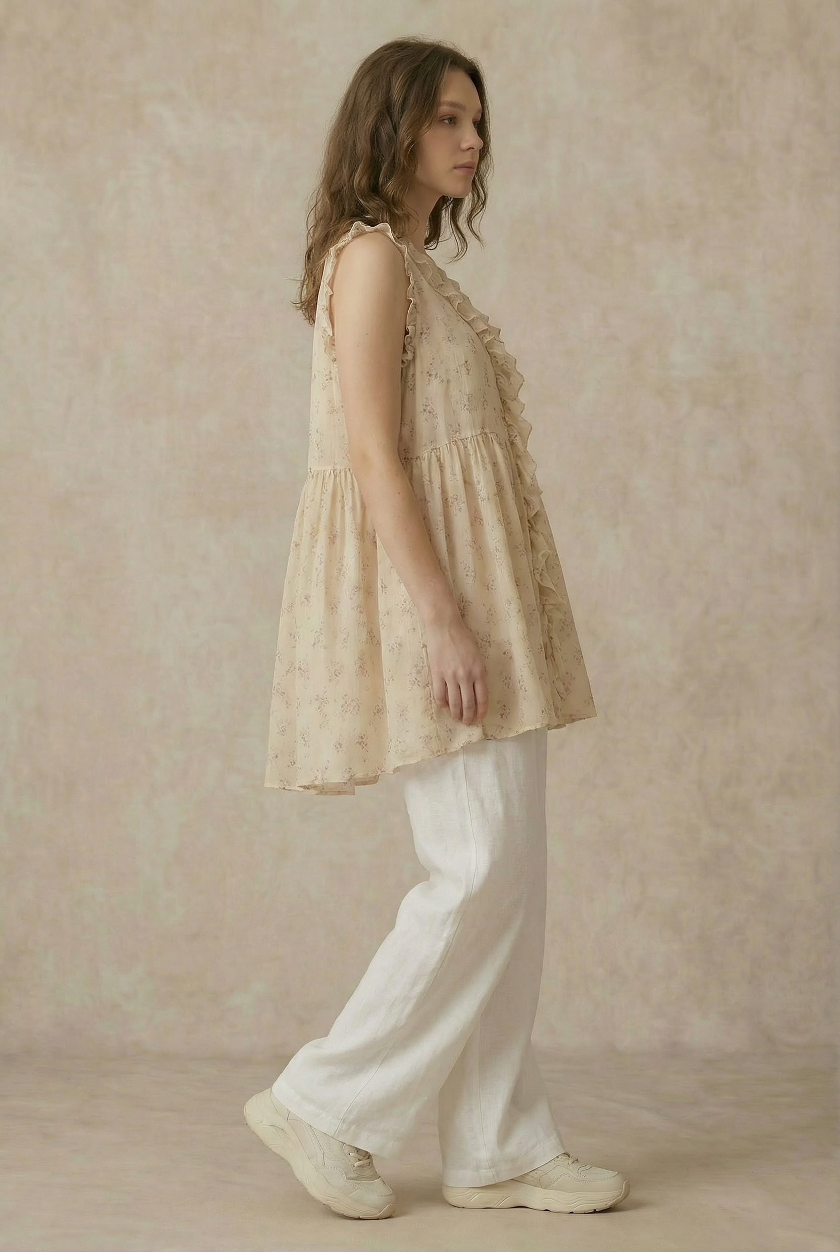  Flowy tunic side angle - versatile elegant design perfect for pairing with pants, jeans or leggings