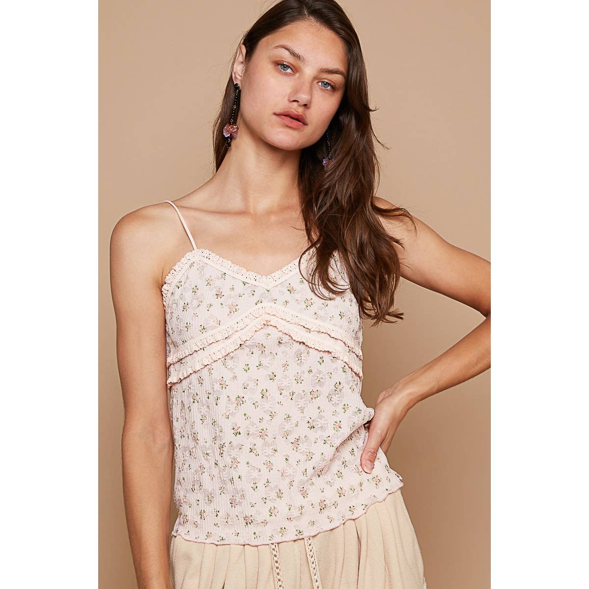 Soft Pink Floral Print Lace Tank Top
