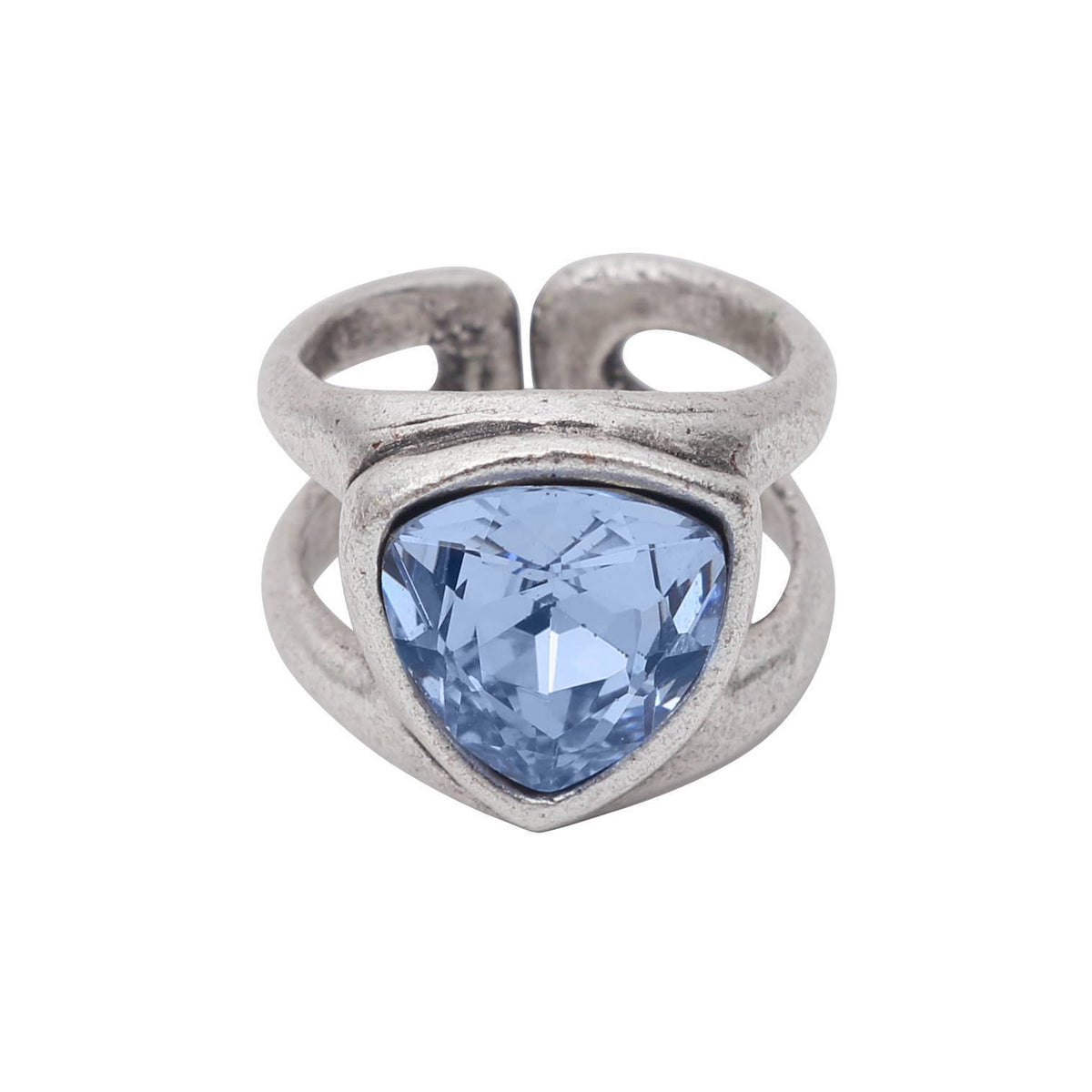 A silver-toned adjustable ring featuring a large, faceted light blue triangular gemstone in the center, set against a plain white background.