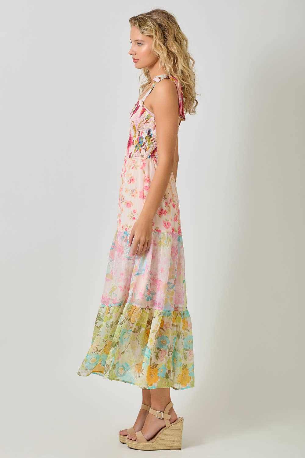 The Garden Dreams Tiered Maxi Dress - side angle showing cinched waist and graceful pleated tiers