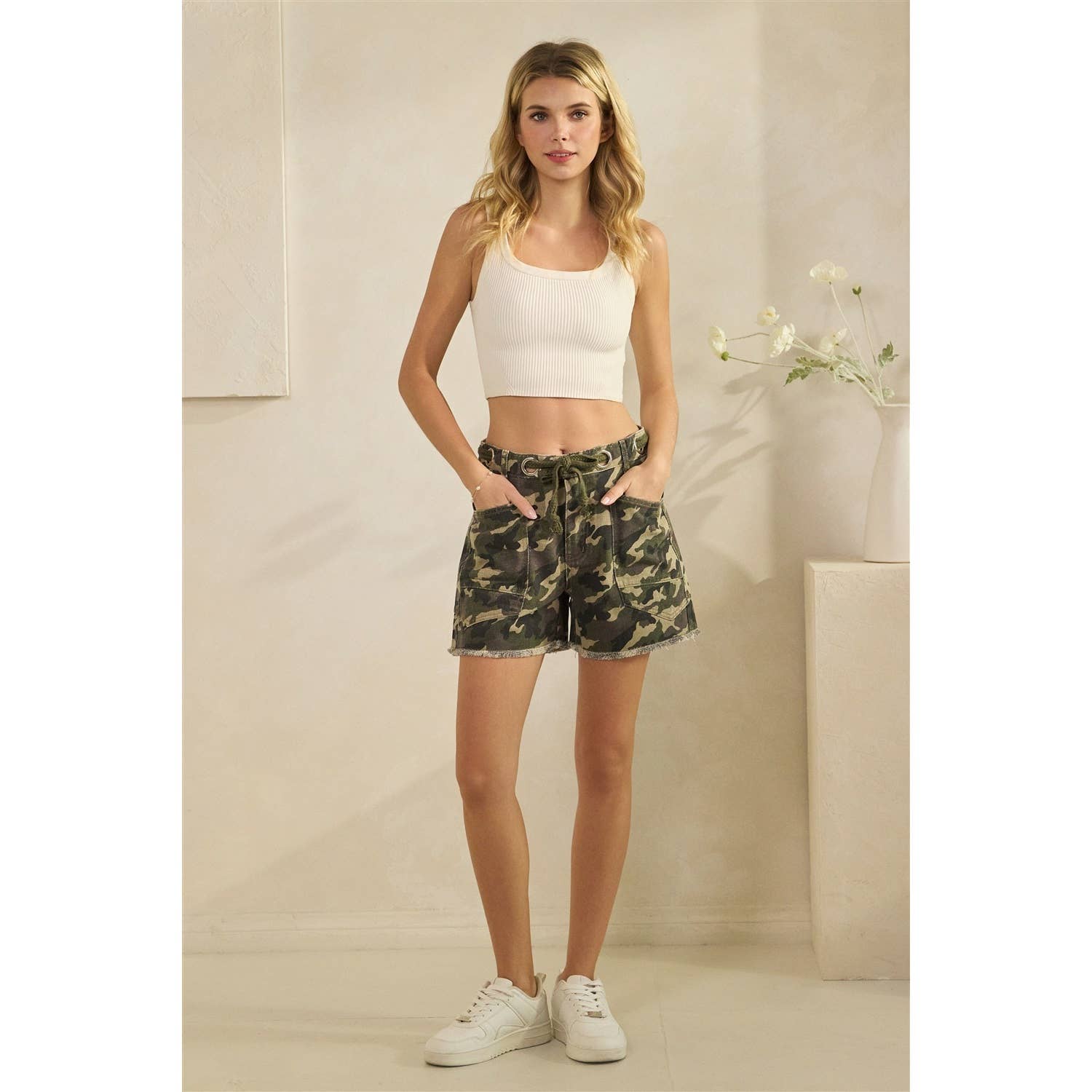 Camo Flower Denim Drawcord Shorts