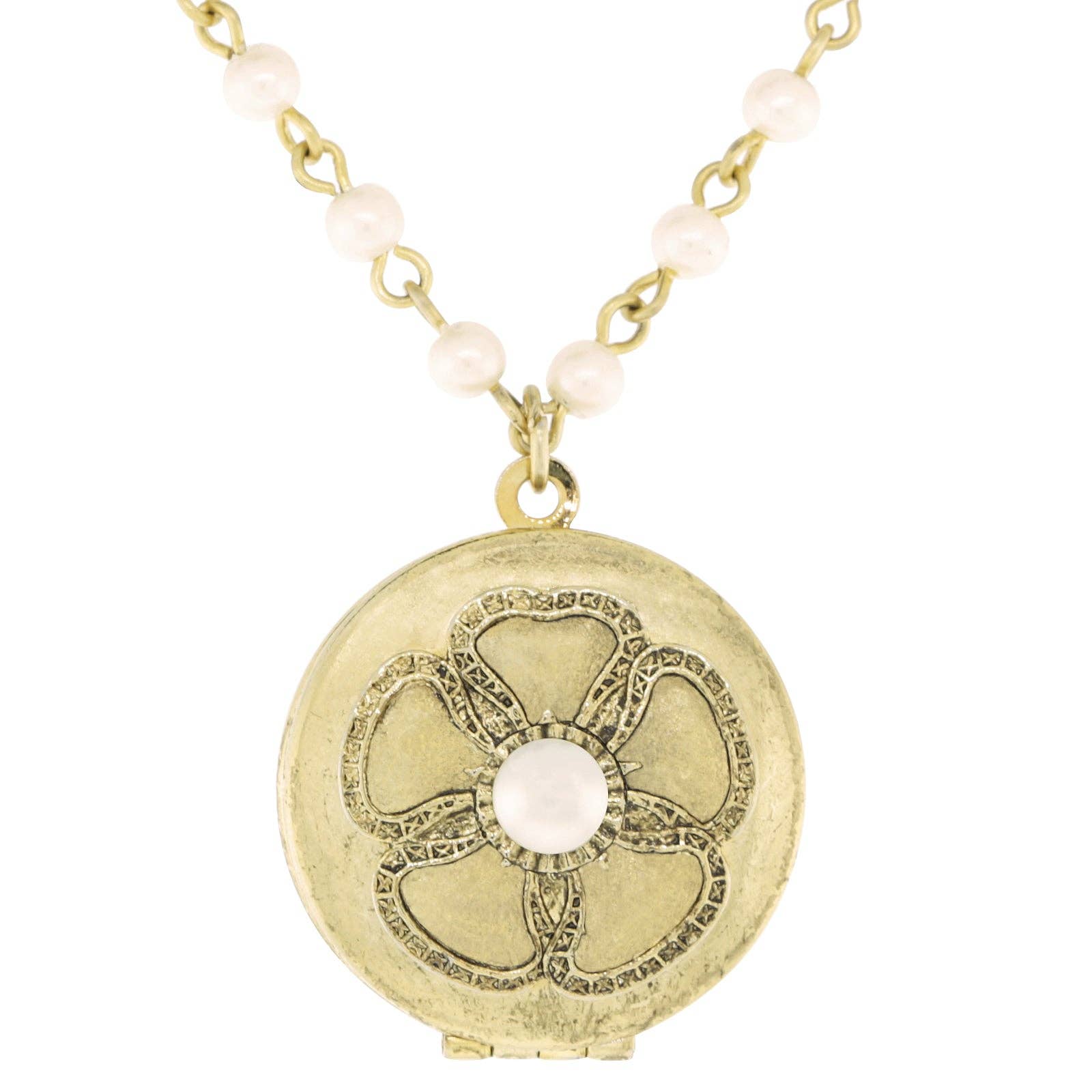 The Beloved pearl locket necklace - 14K gold-dipped locket with etched floral design and faux pearl accent by 1928 Jewelry