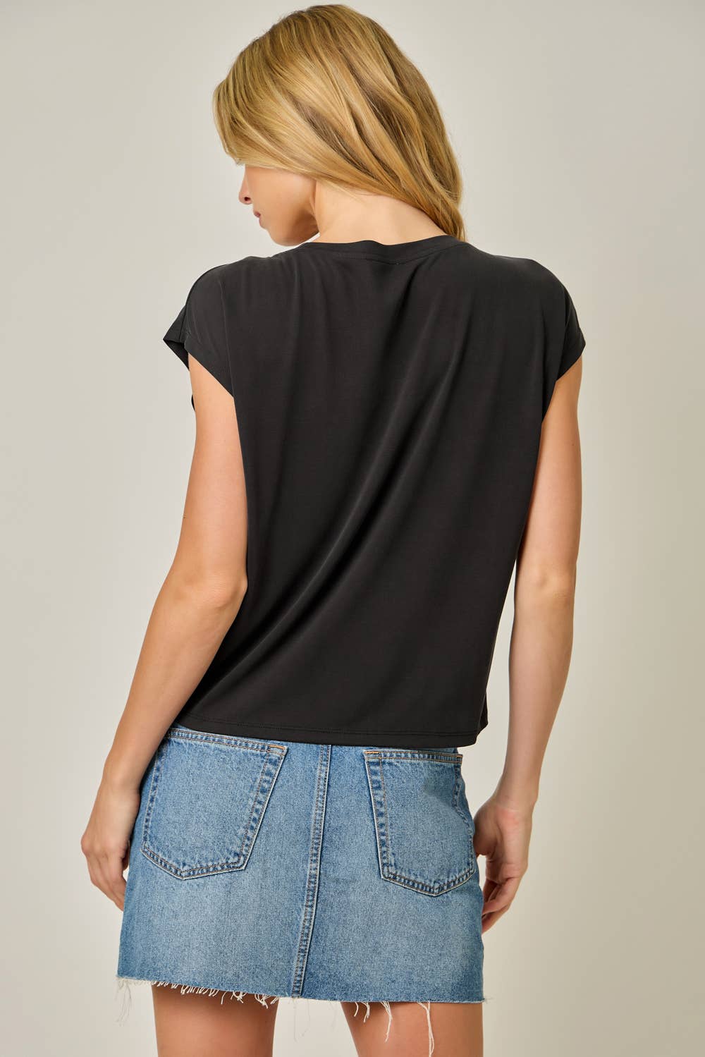 Back view Ruched Front Drawstring Modal Top in Black — flattering ruched silhouette with cap sleeves and V-neckline

