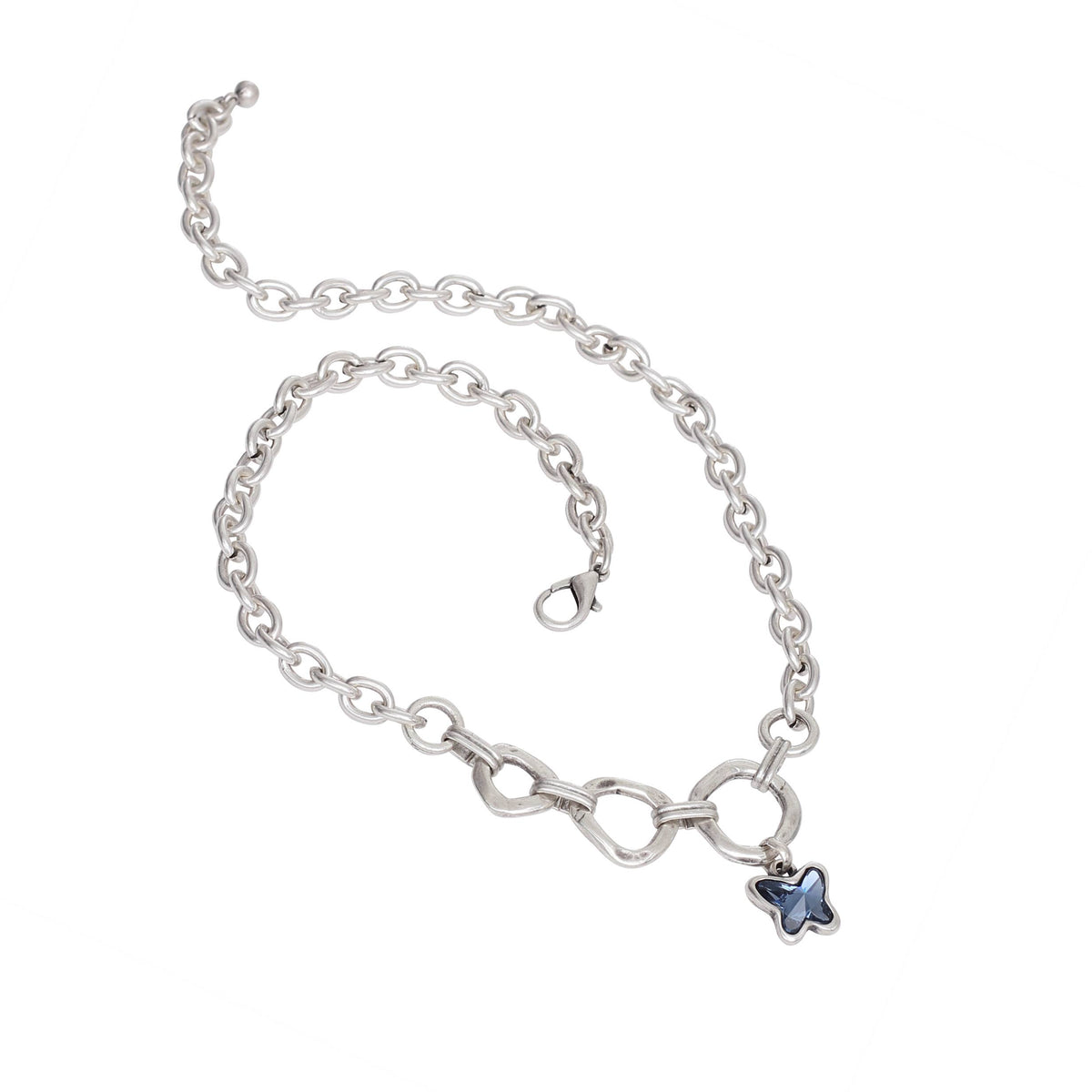 Handmade Blue Crystal Butterfly Pewter Necklace