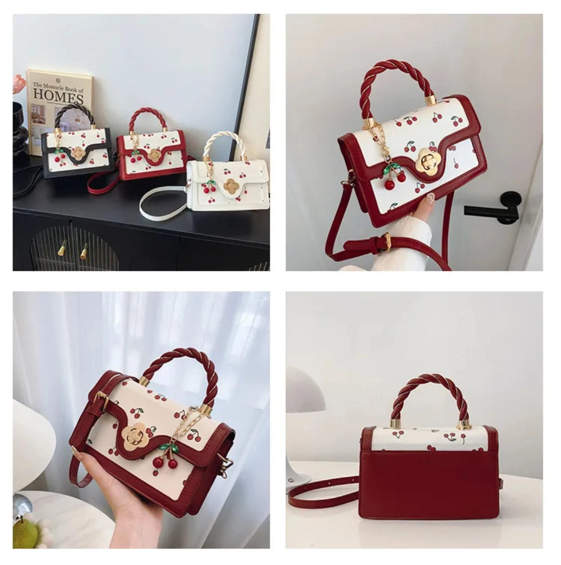 Collage of a red and white handbag with cherry details on a white background