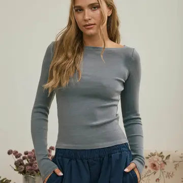 Fitted Ribbed Boat Neck Top