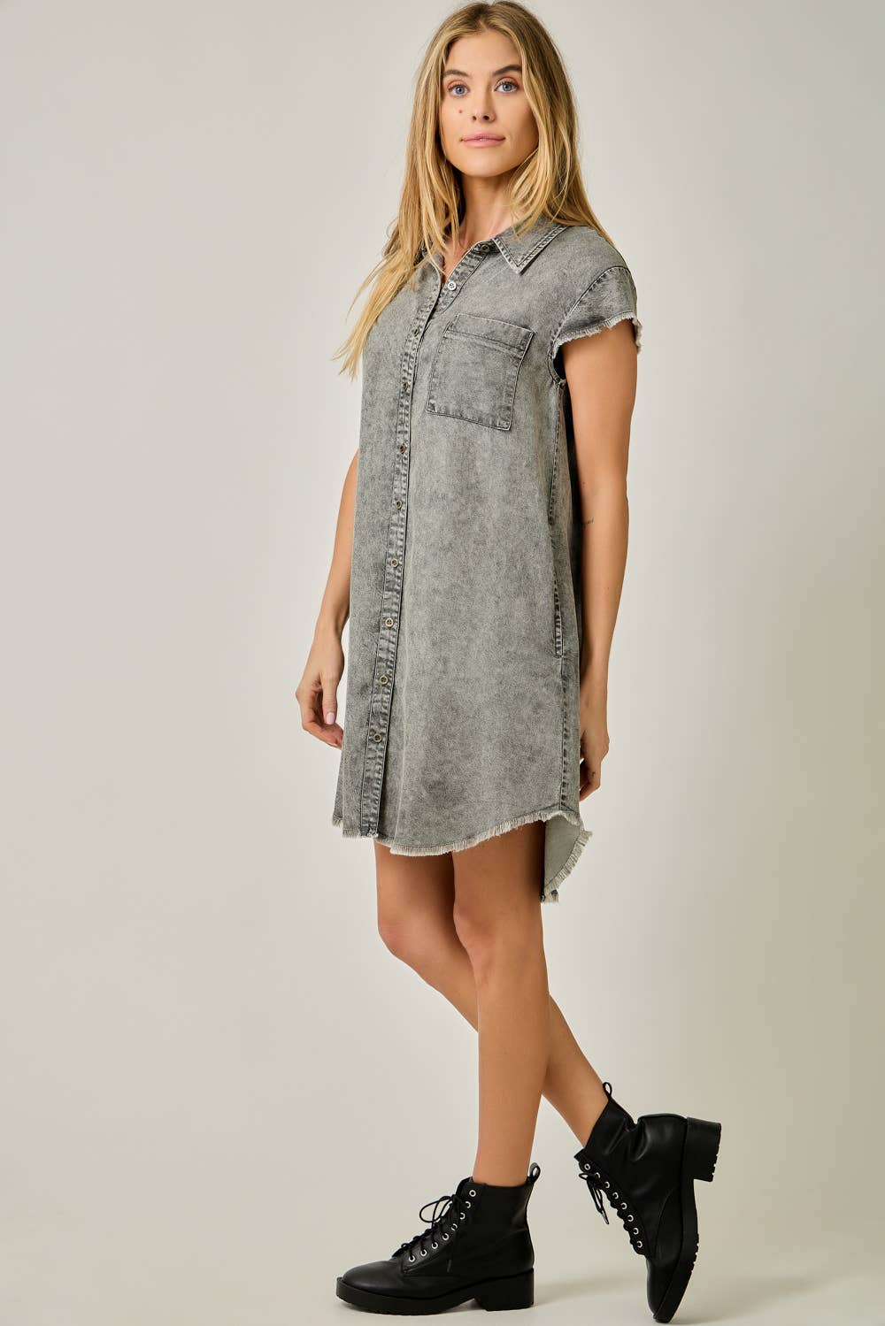 Flutter Sleeve Fringe Hem Tencel Shirt Dress in Washed Black — button-down front, flutter cap sleeves, fringed hi-lo hem, and side pockets

