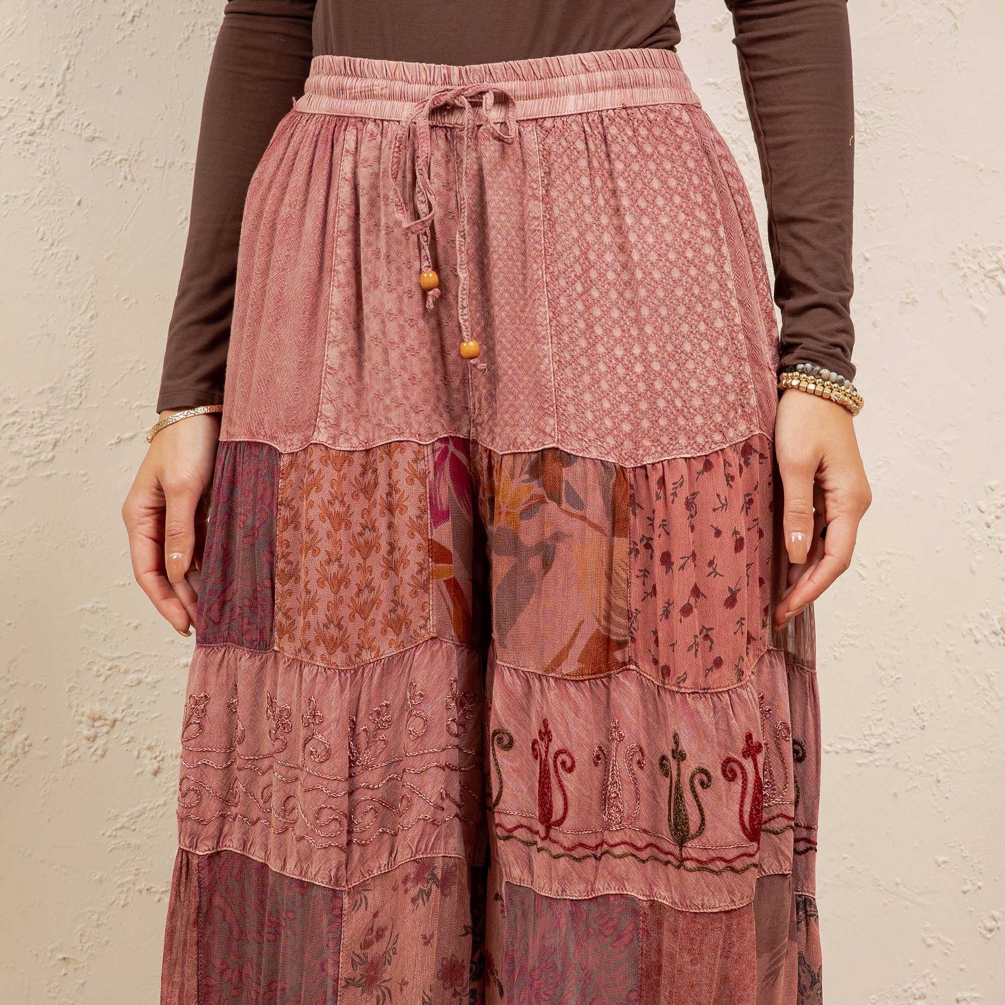 Mixed-Print Tiered Boho Pants – Garnet