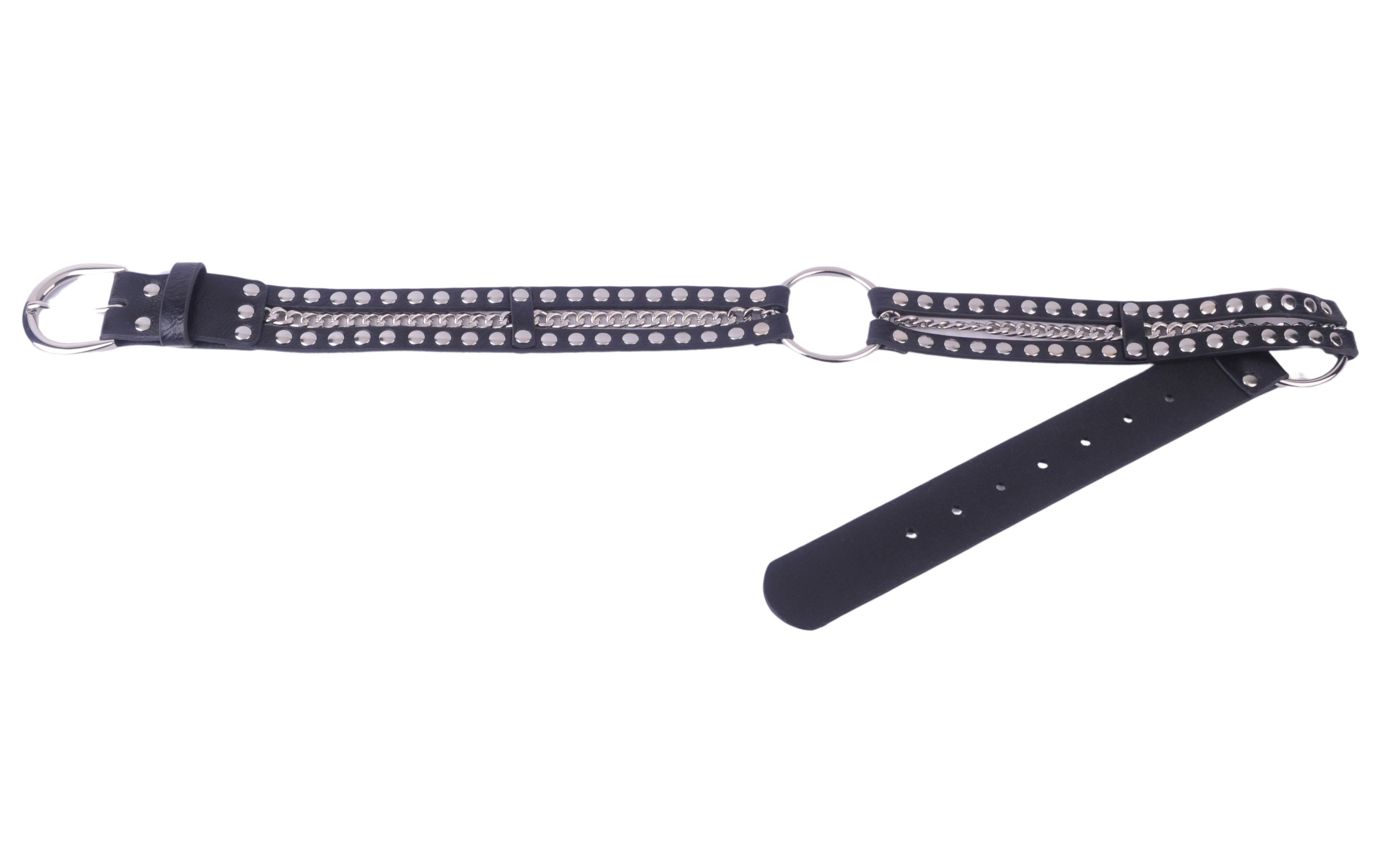 A black leather belt featuring silver-tone metal studs, chain detailing, and silver hardware, displayed against a plain white background.