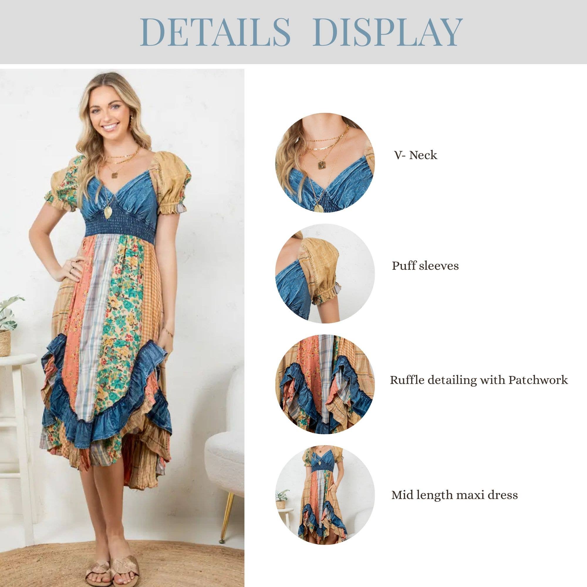 The Wildflower Sweetheart Patchwork Dress - complete product view showing mid-length silhouette and artisan craftsmanship

