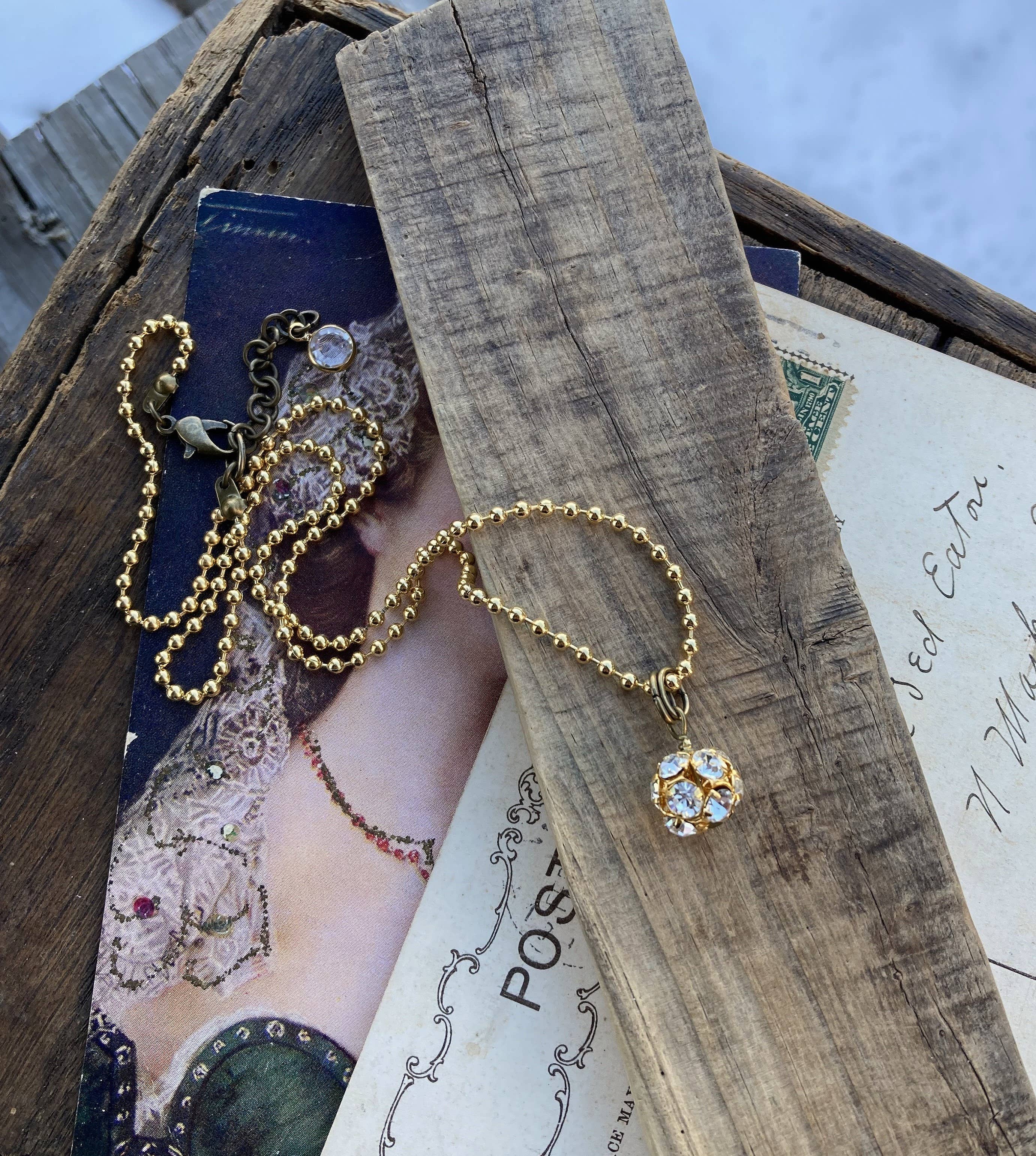 Clear Rhinestone & Gold Ball Charm Pendant Necklace