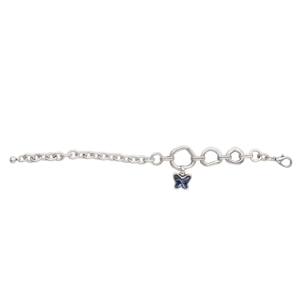 A silver chain bracelet featuring a central cluster of three interlocking oval links and a small butterfly charm with a dark blue center, shown on a plain white background.