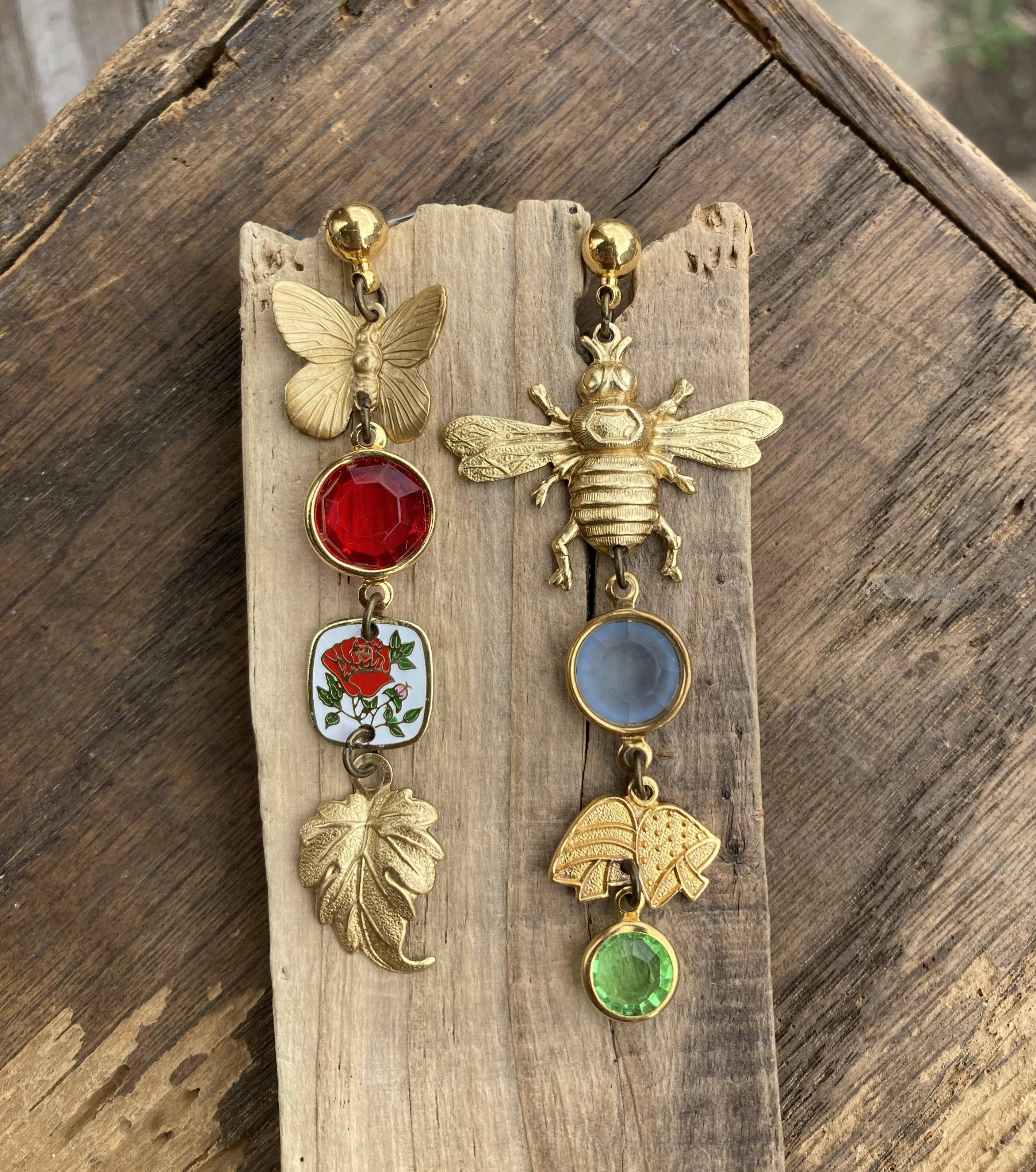 Nature Study Brass & Crystal Charm Earrings