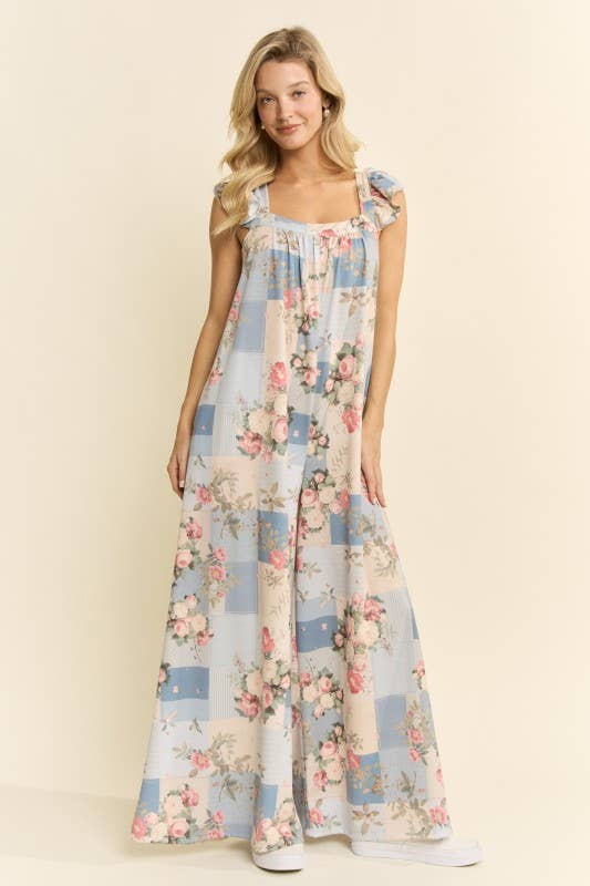 Wide-leg floral jumpsuit with square neckline and ruffle cap sleeves – blue