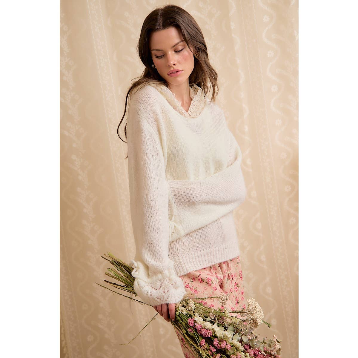 Ivory Lace Hoodie Fringe Sweater