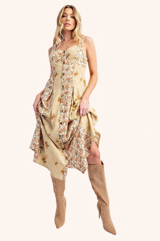 Cottagecore patchwork floral A-line midi with sweetheart bodice and pockets