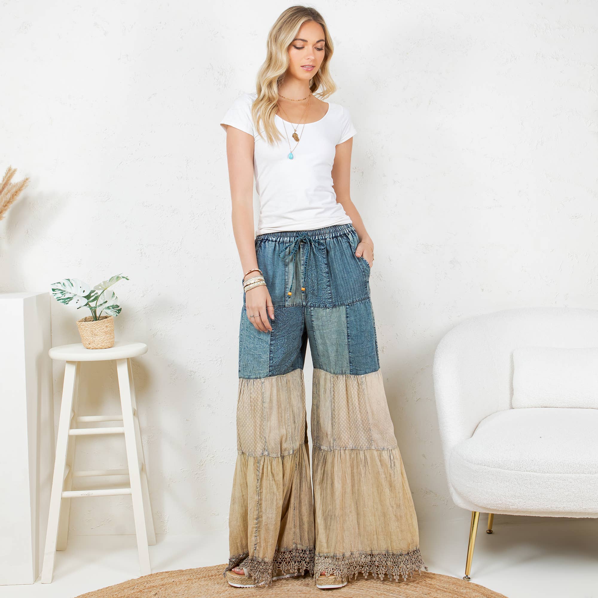  Wide-leg boho pants styled look - festival-ready patchwork pants with side pockets and comfortable elastic waistband