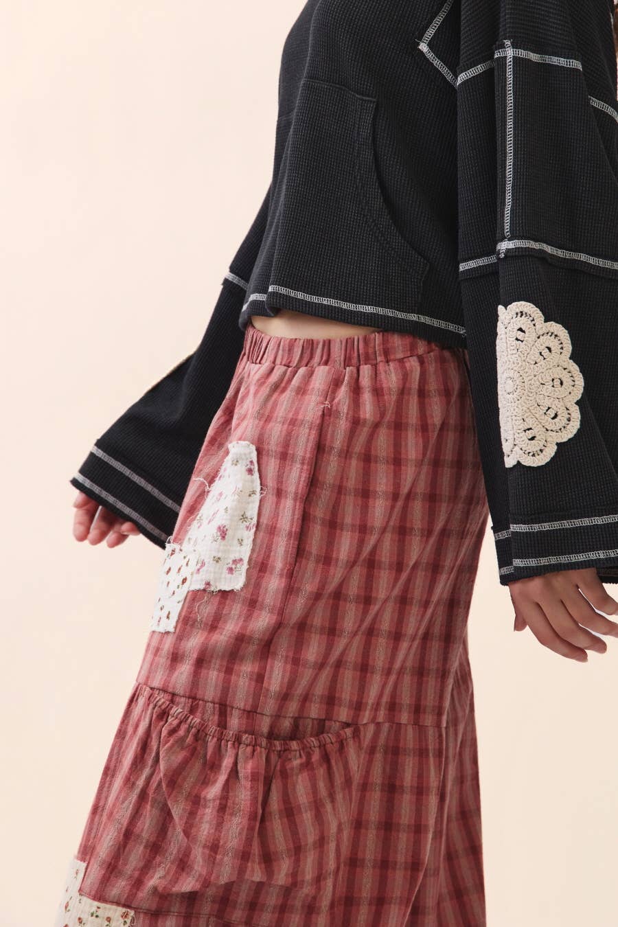 Detail view Plus size dark cherry gingham ruffle bloomer pants with floral patch pockets and tie ruffle hem detail — Spirit & Wind Boutique

