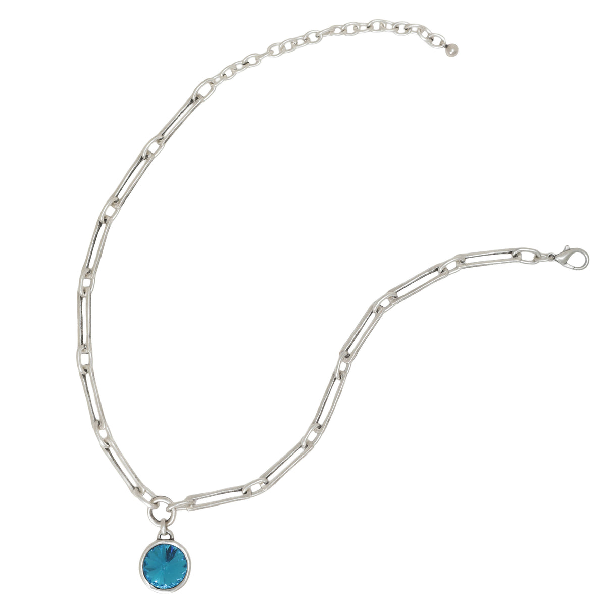 A silver-toned paperclip chain necklace with a small round turquoise blue gemstone pendant, displayed on a clean white background.