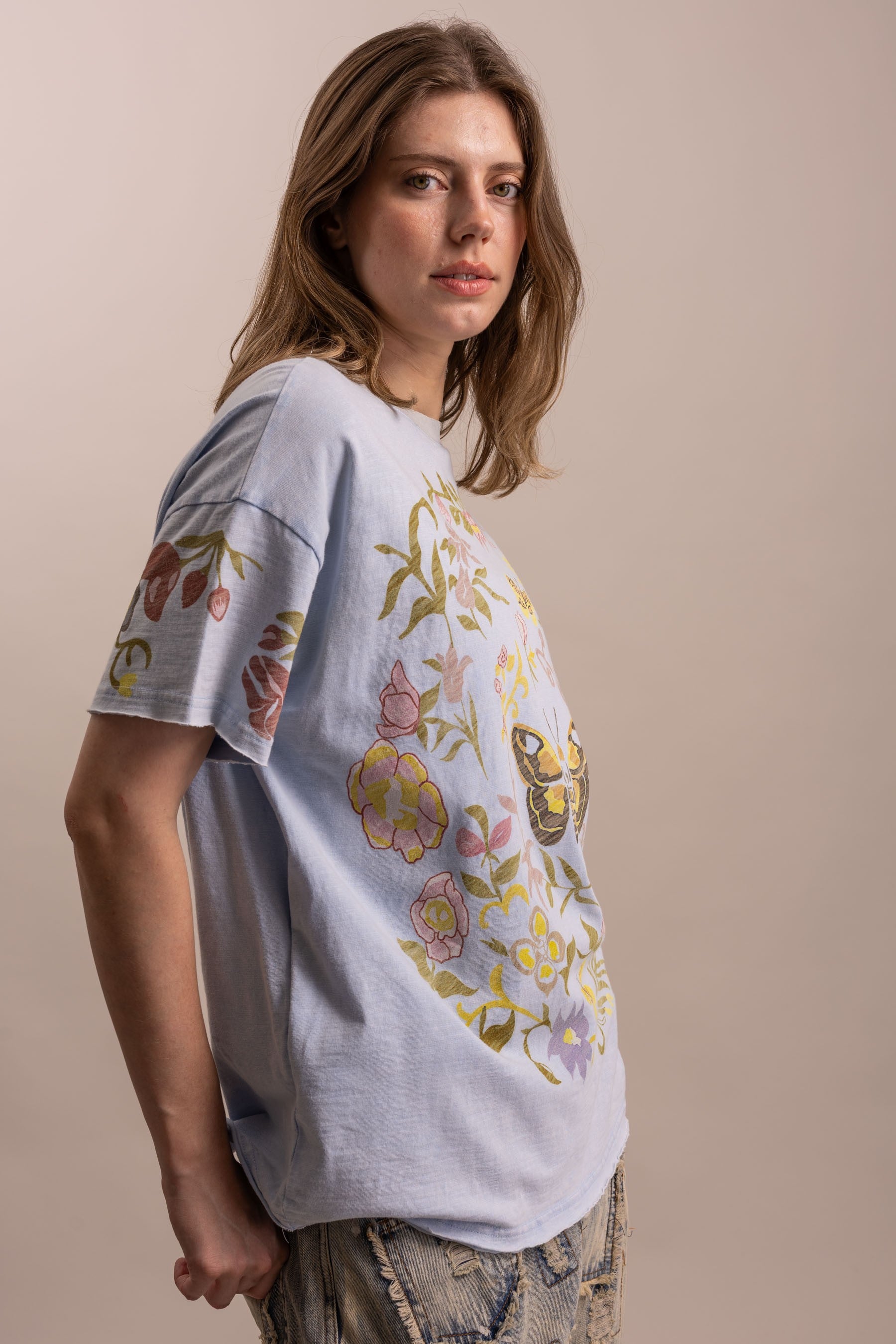 Dusty Blue Butterfly In Garden Print Top