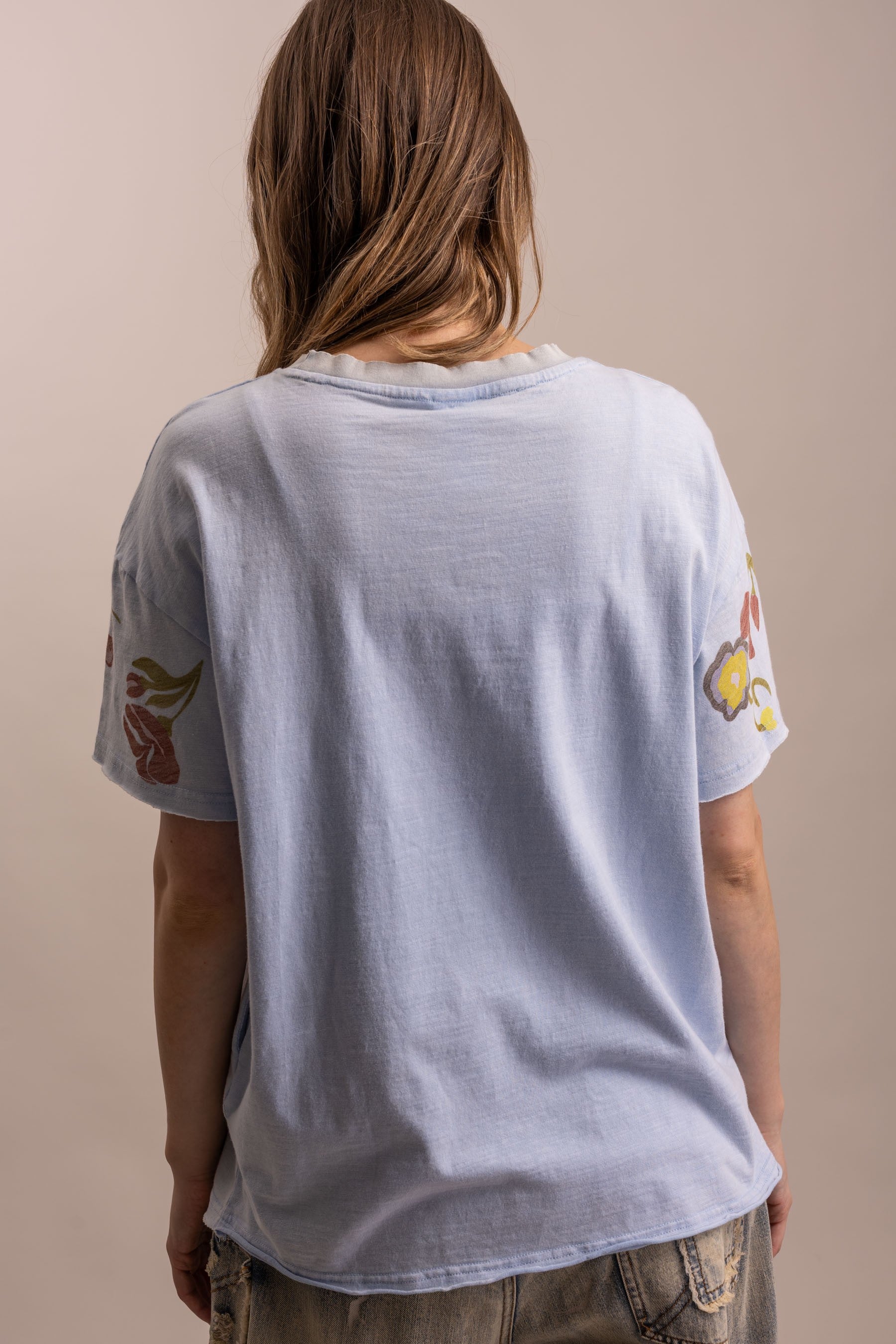 Dusty Blue Butterfly In Garden Print Top