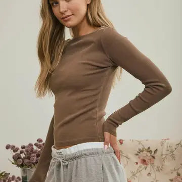 Fitted Ribbed Boat Neck Top