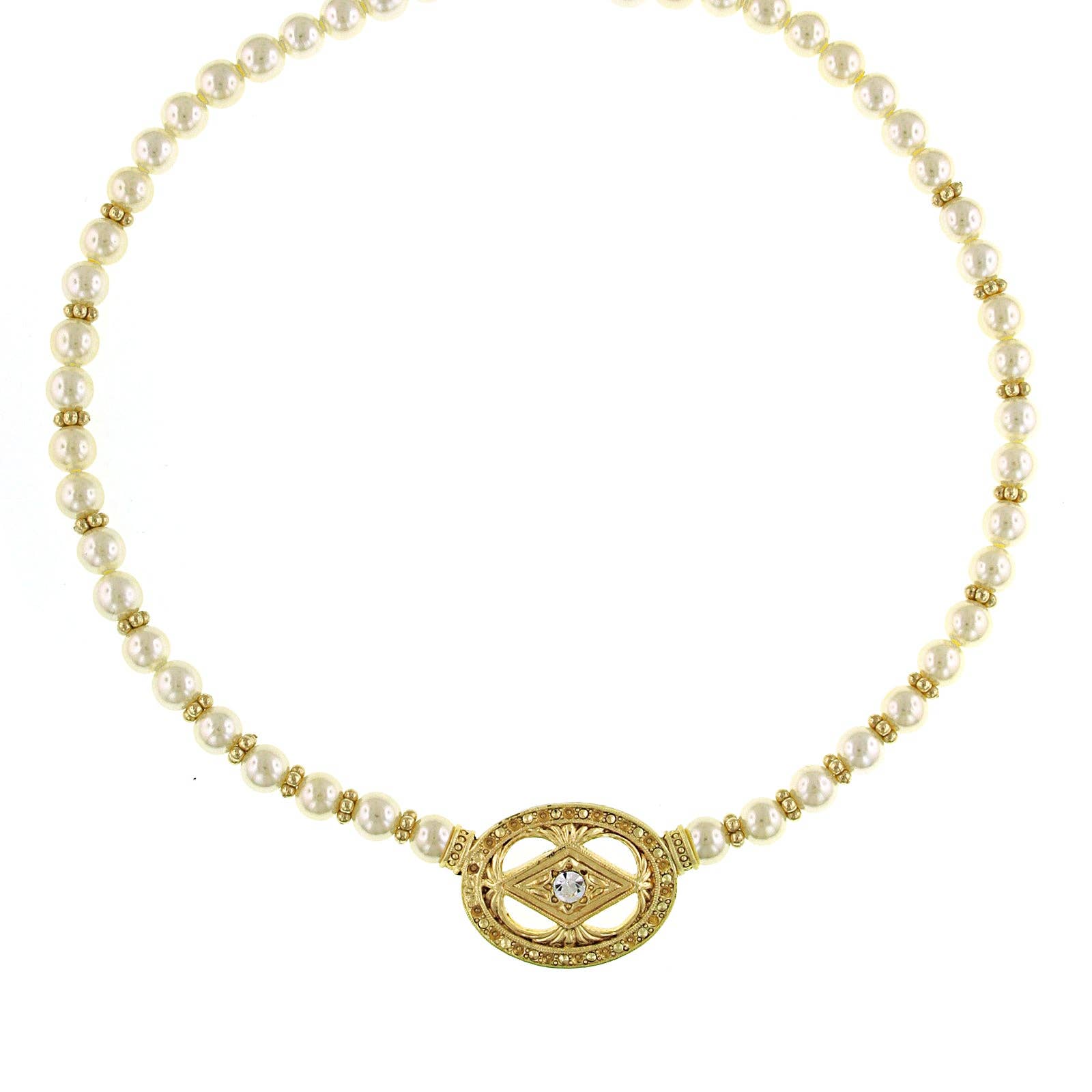 The Heirloom pearl and crystal necklace - vintage-inspired 1928 Jewelry necklace with 7mm faux pearls, gold-tone spacer beads, and brilliant crystal pendant