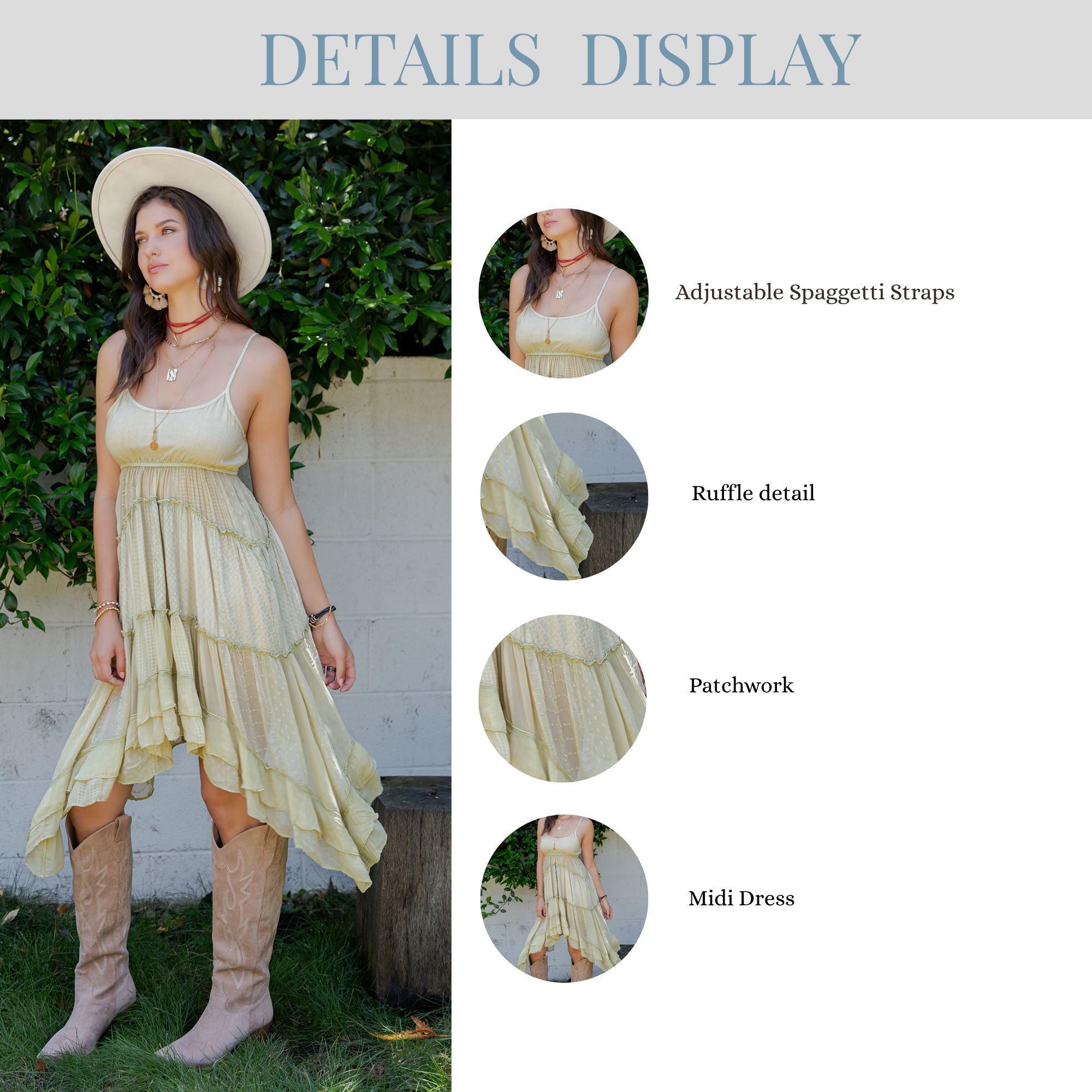 Details of the Moss Dress with description of adjustable spaggetti straps ruffle detail patchwork and display of the midi dress