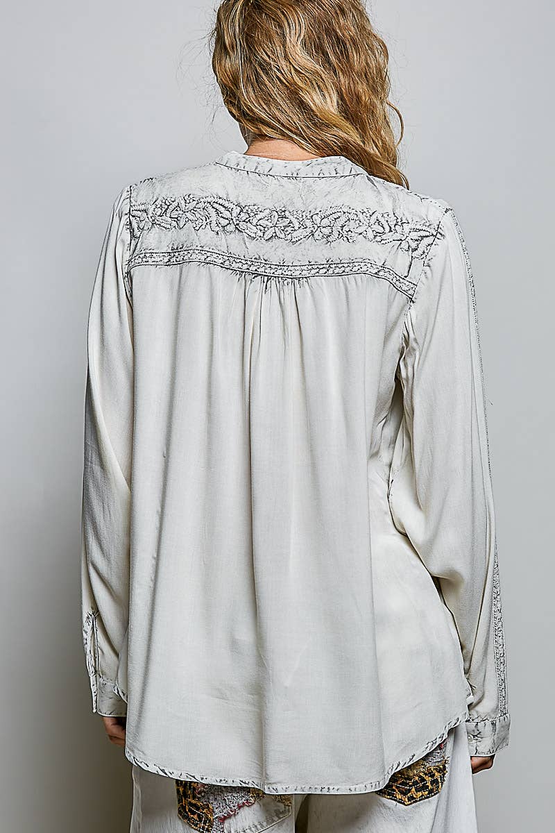 Vintage Washed Floral Embroidered Blouse