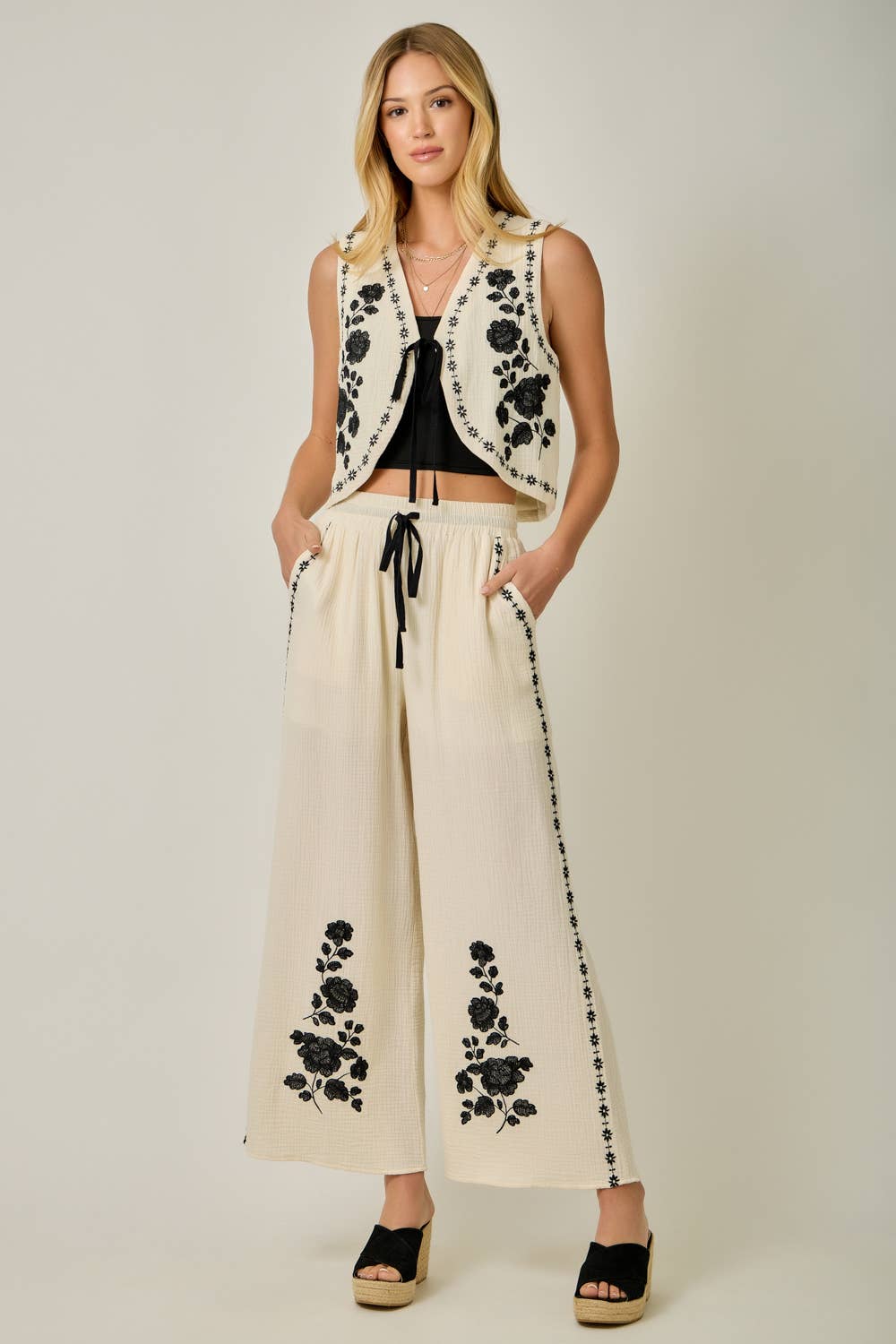  Embroidered Cotton Gauze Tie-Front Vest in Ivory — open front with tie, V-neckline, and delicate embroidery detail with matching pants full view 