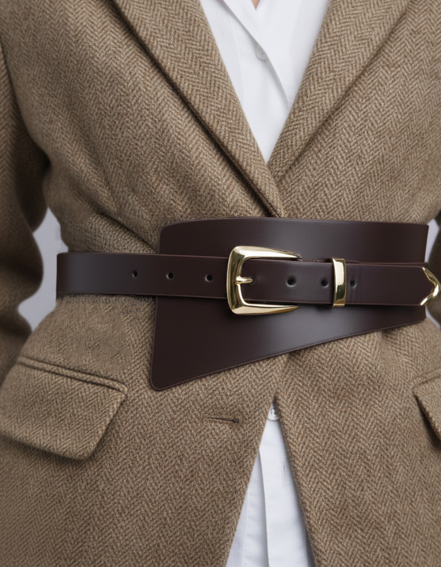 Wide Corset Belt with Asymmetrical Gold Buckle