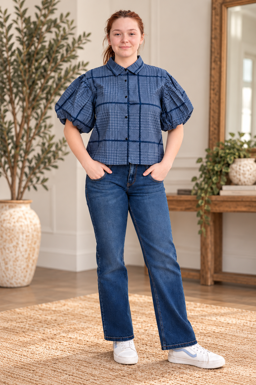 A woman modeling a blue and black checkered puff-sleeve button-up shirt paired with blue jeans and white sneakers, standing in a styled indoor room with a large potted plant and wooden console table.