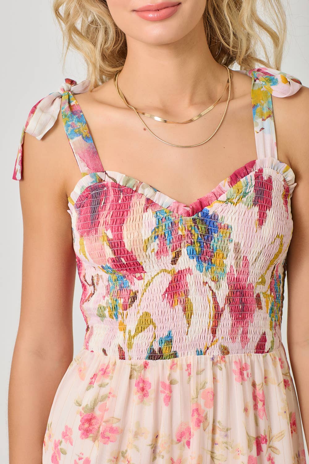 The Garden Dreams Tiered Maxi Dress - detail shot of smocked bodice and pleated tier construction