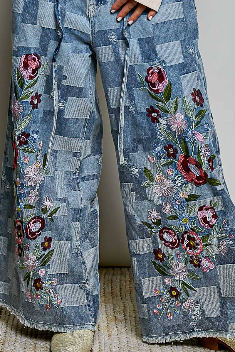 Vintage Bloom Denim Wide Leg Pants