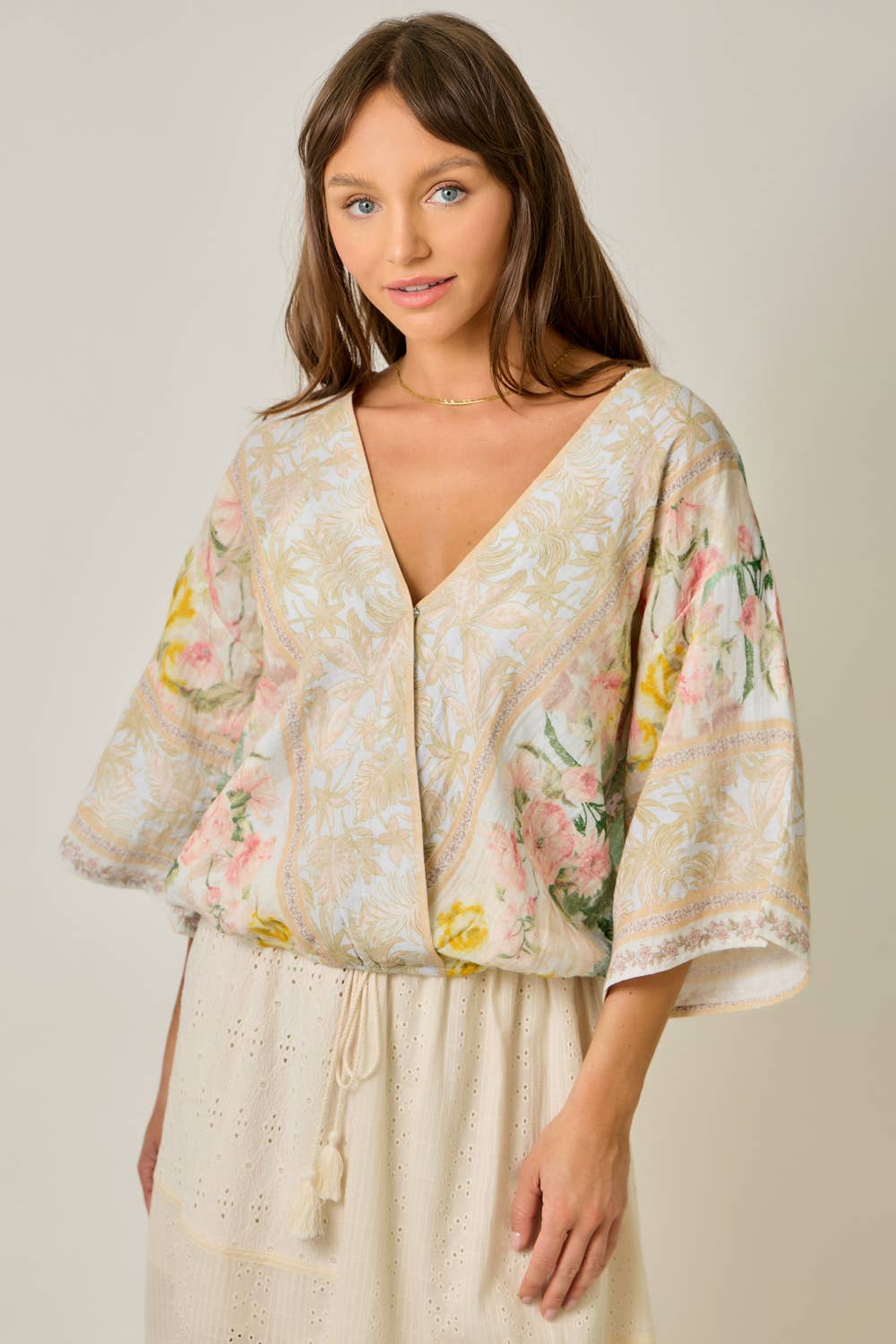 Woman wearing a floral kimono-style top against a plain background