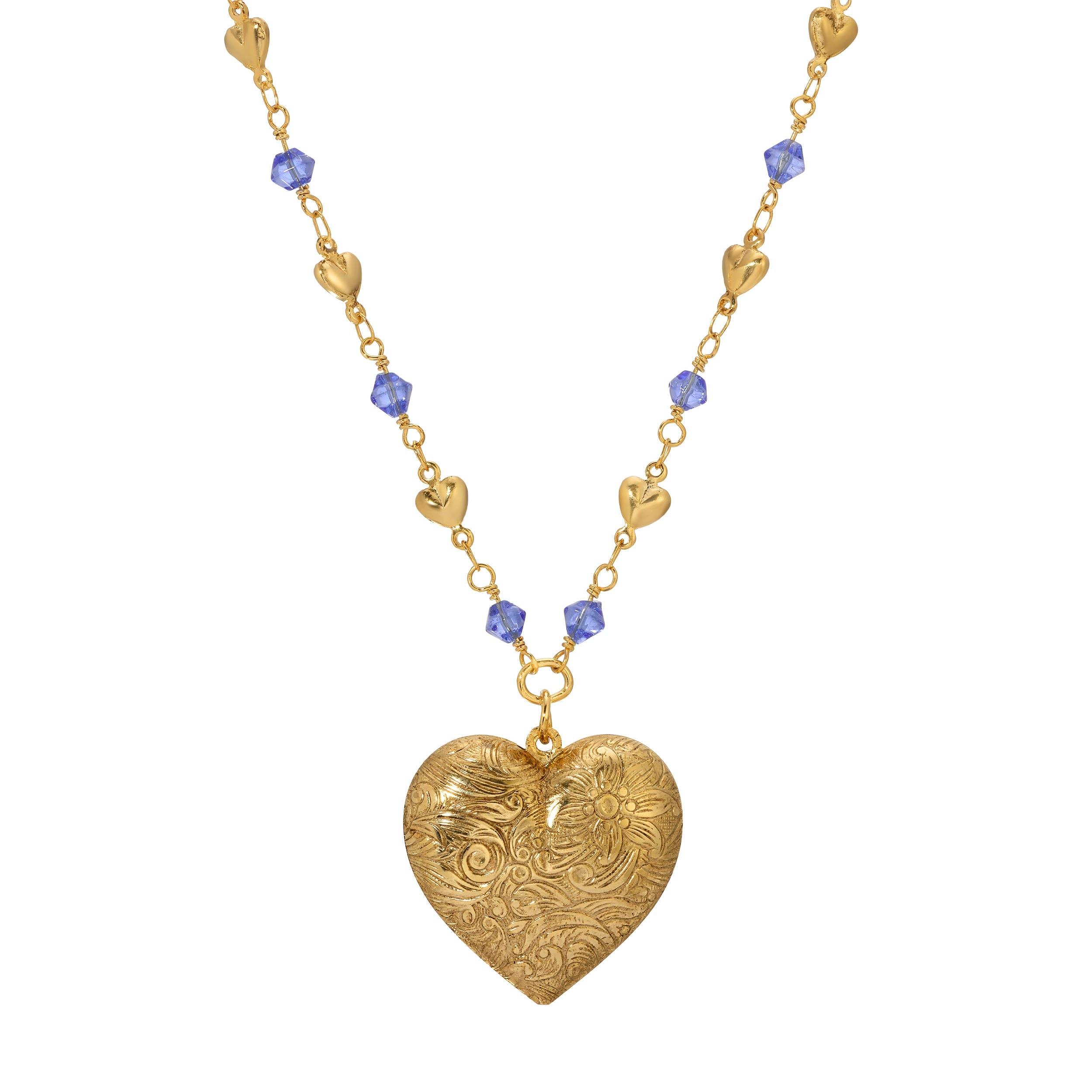 The Amour de Fleur heart necklace - 14K gold-dipped etched heart pendant with light sapphire lantern beads and alternating golden hearts chain by 1928 Jewelry made in USA



