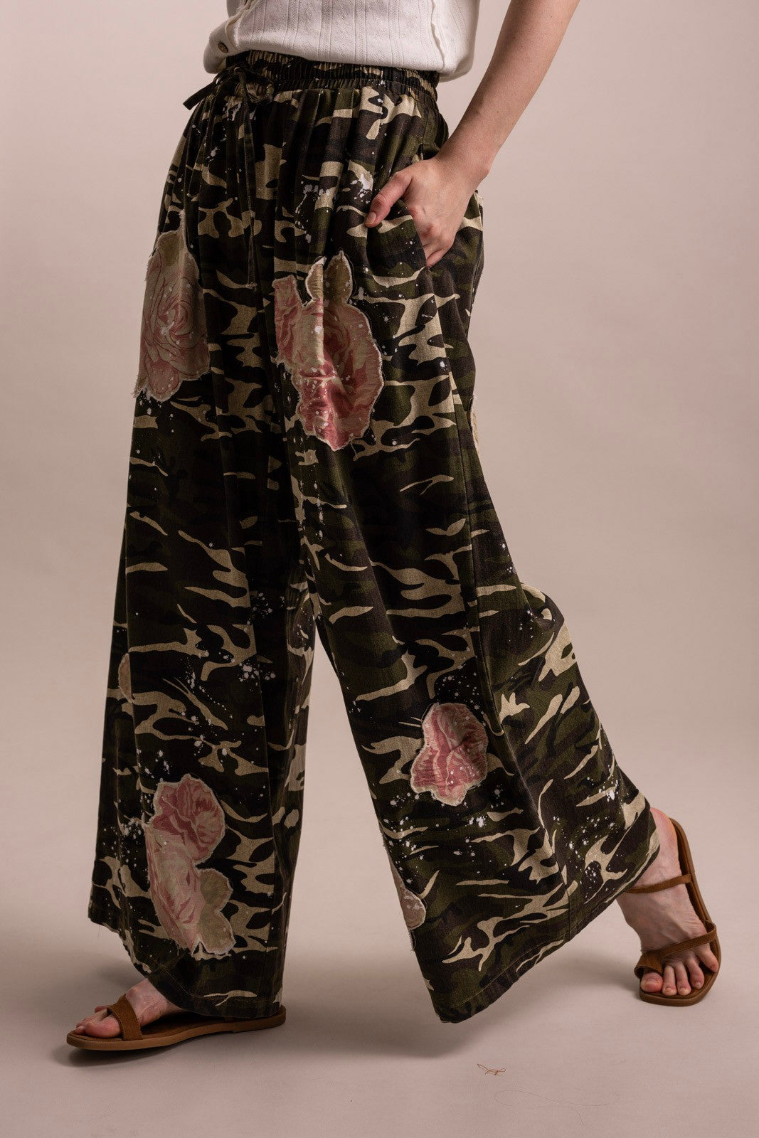 Side view, pocket detail, styled with white top and sandals