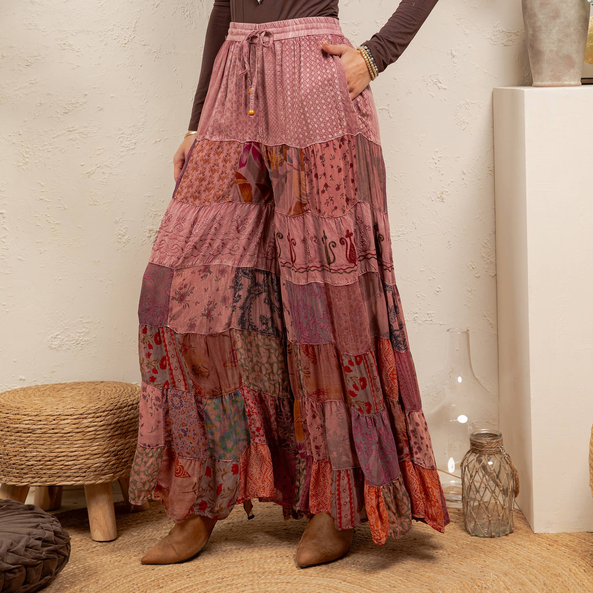 Mixed-Print Tiered Boho Pants – Garnet